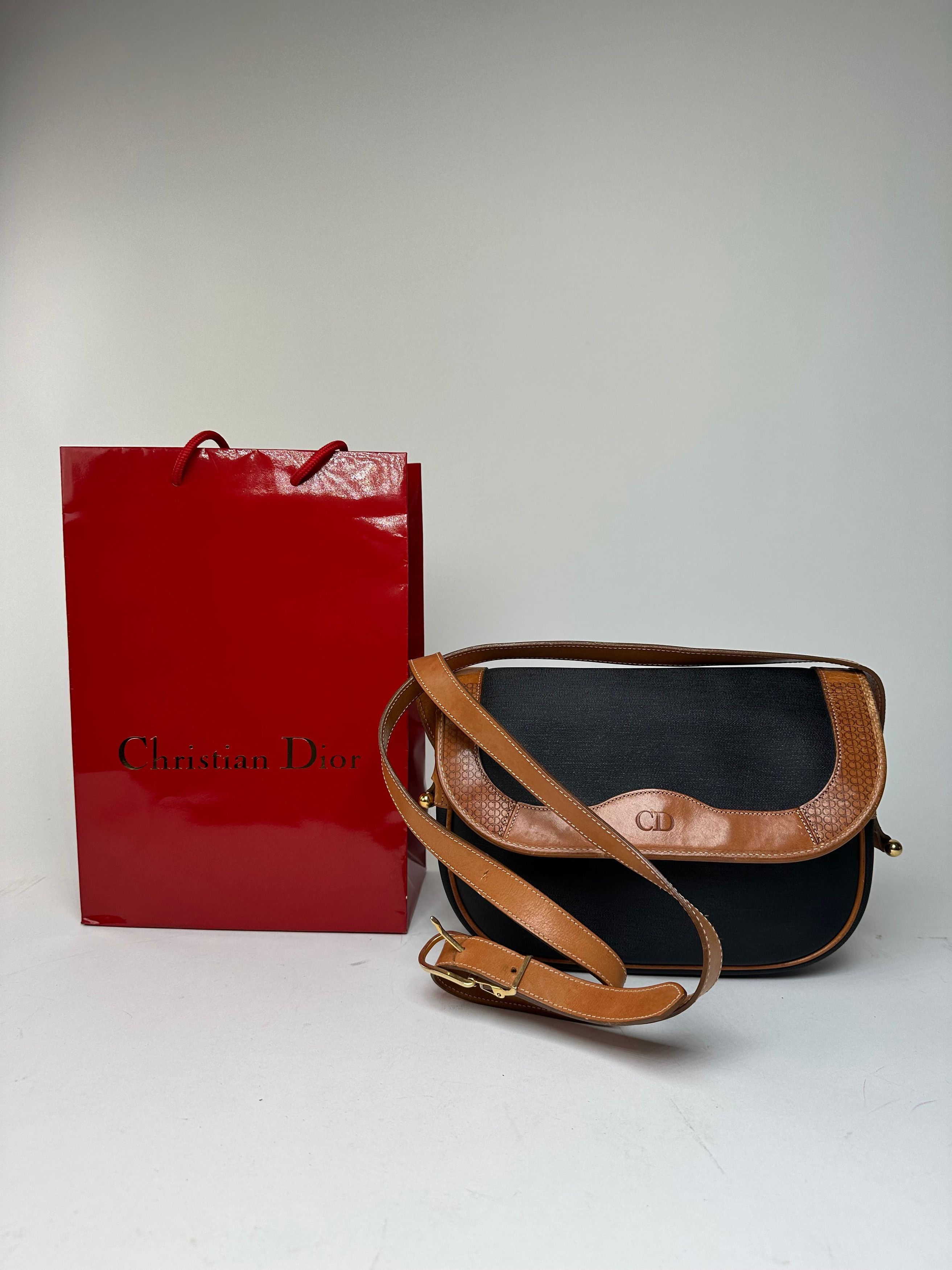 Dior Vintage Christian Crossbody Bag Black Canvas Cognac Leather Size ONE SIZE - 1 Thumbnail