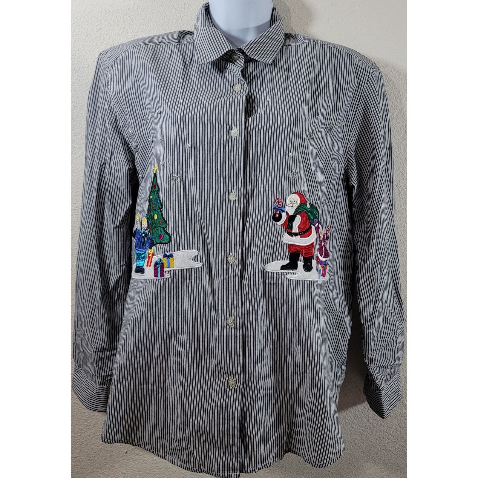 Other VTG Karen Scott Blue Striped Christmas Embroidered Top Large Size L / US 10 / IT 46 - 1 Thumbnail
