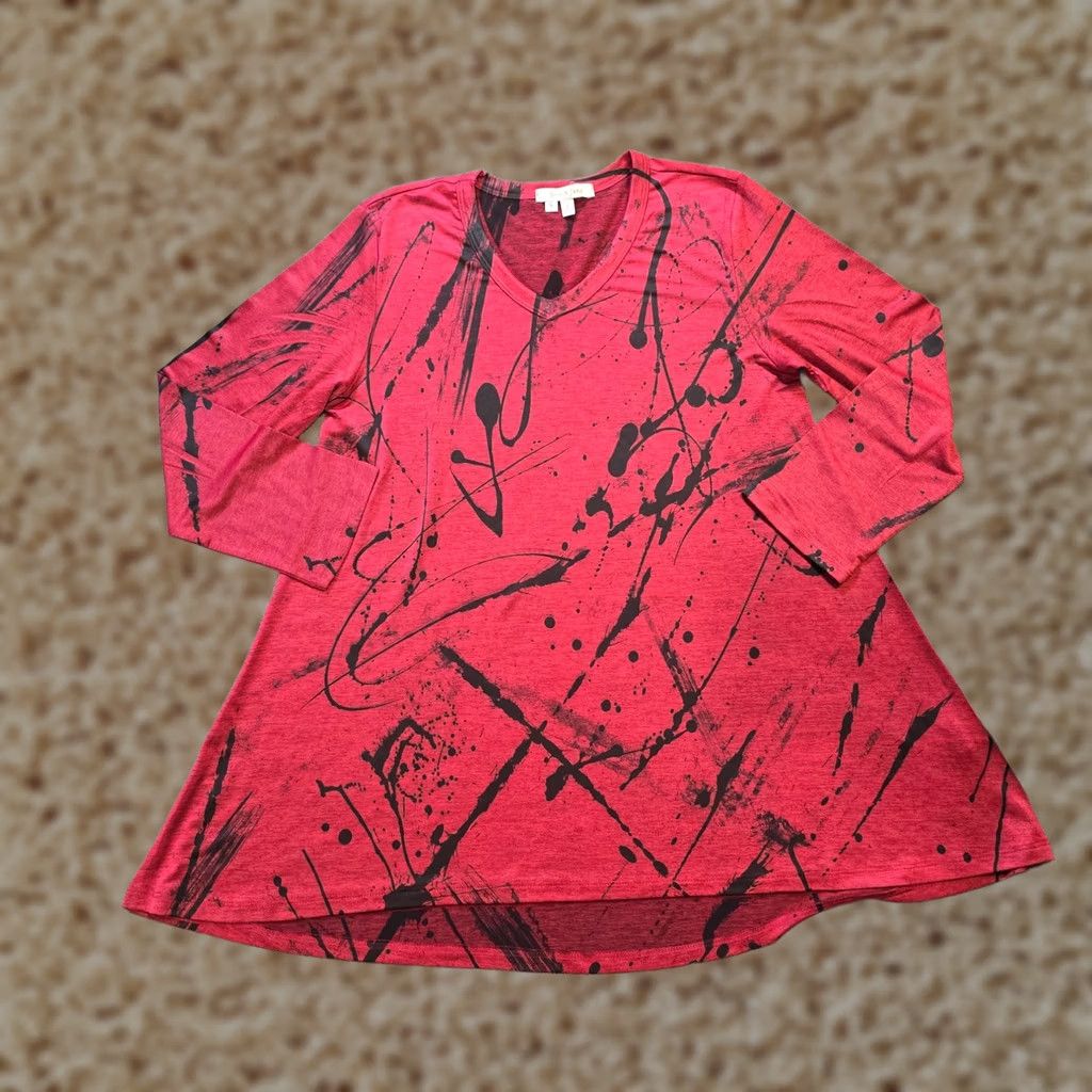 Vintage Jess Jane Top Womens Size Small Red Abstract Art Stretchy Slinky Casual Travel Shirt Blouse Knit Polyester Spandex Long Sleeve Round Neck Vintage No Size S / US 4 / IT 40 - 1 Thumbnail