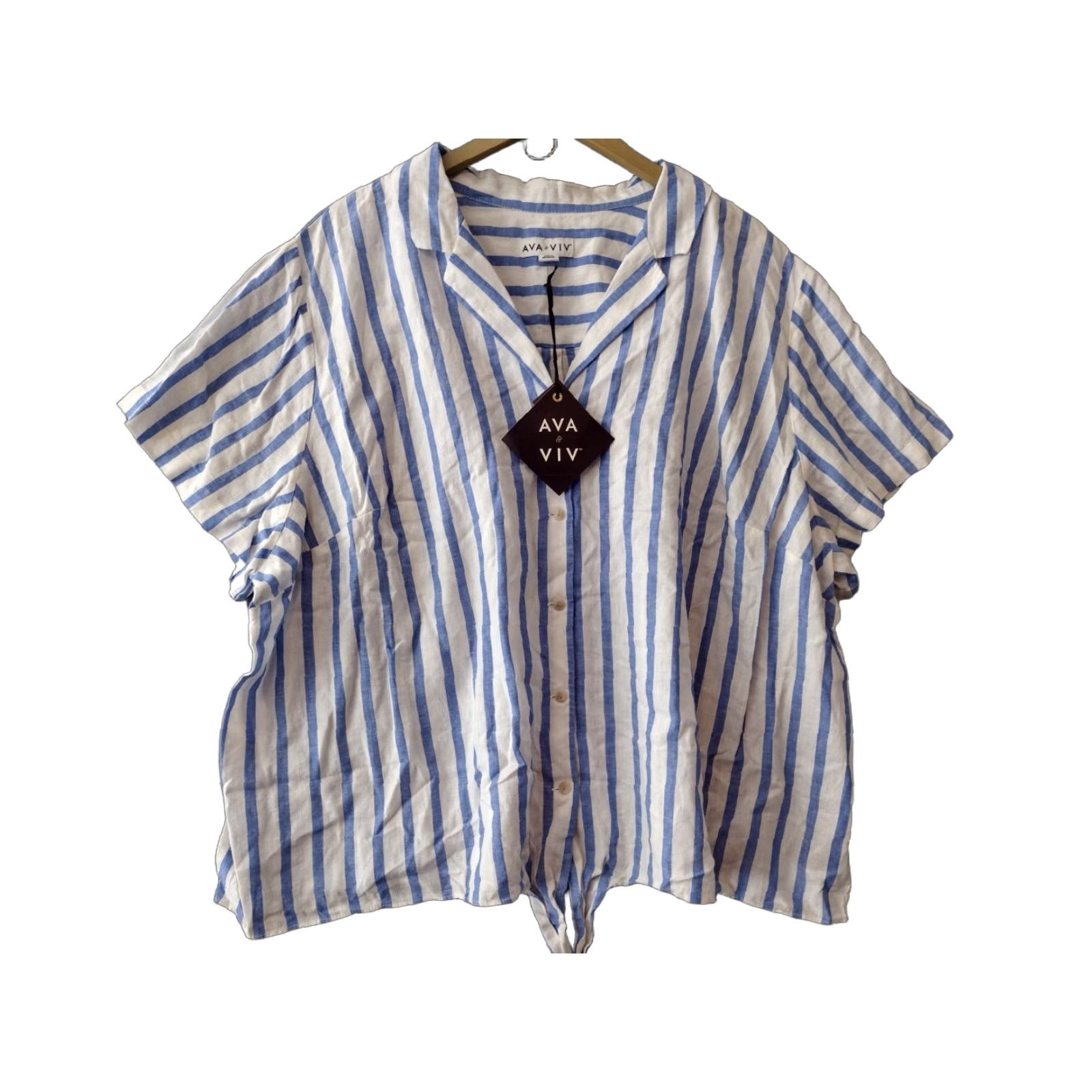 Vintage Ava & Viv Blue Striped Linen & Rayon Blend Button Front Top - Women's 3X Casual Shirt Size 3X Blue Pattern Striped All Seasons Womens (Plus) Size XXL / US 16-18 / IT 52-54 - 1 Thumbnail