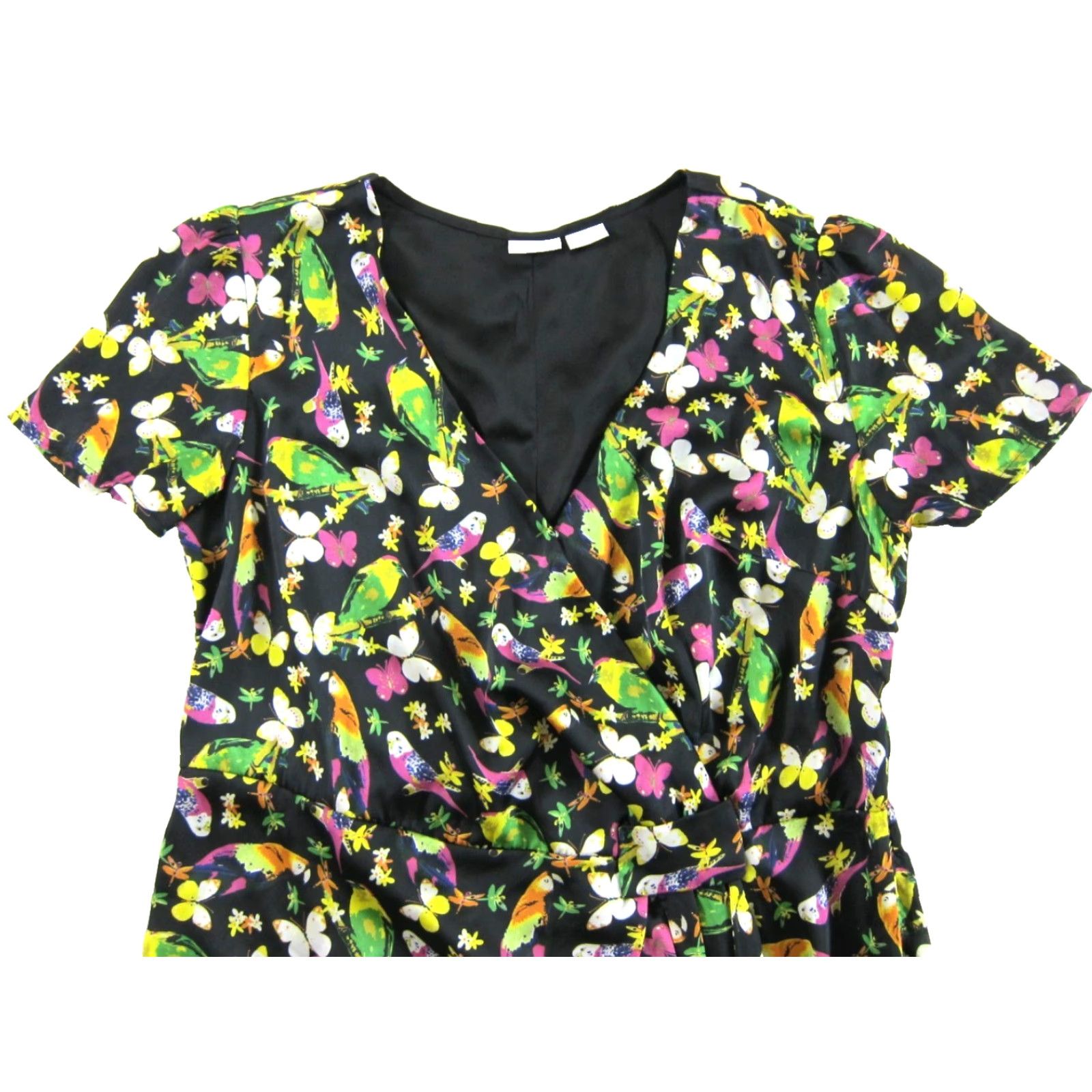 Vintage eShakti Black Pink Green Bird Short Sleeve V-Neck Sheath Wrap Dress Woman 2XL Size 40" / US 18 - 3 Thumbnail