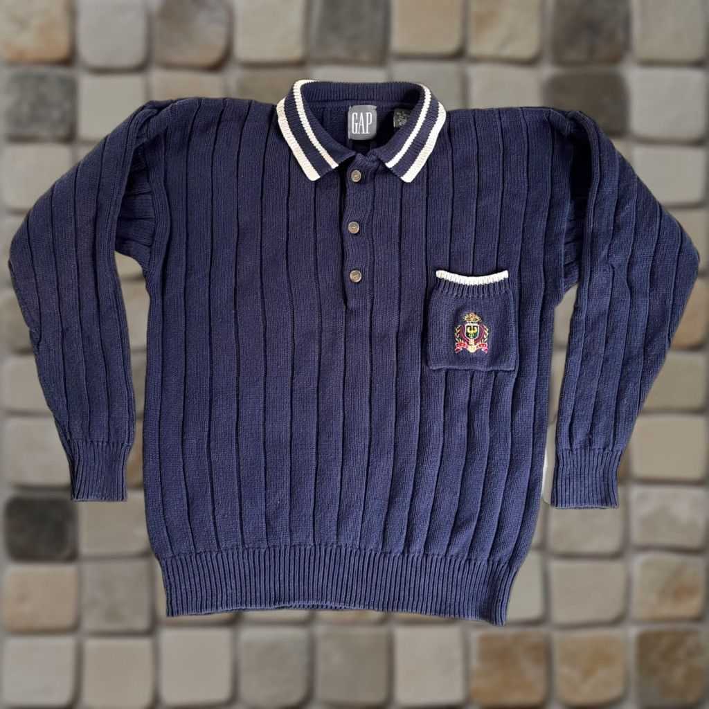 Gap VINTAGE Gap Men's Knit Collared Sweater 90s Embroidered Crest Navy Sz L Size US L / EU 52-54 / 3 - 1 Thumbnail