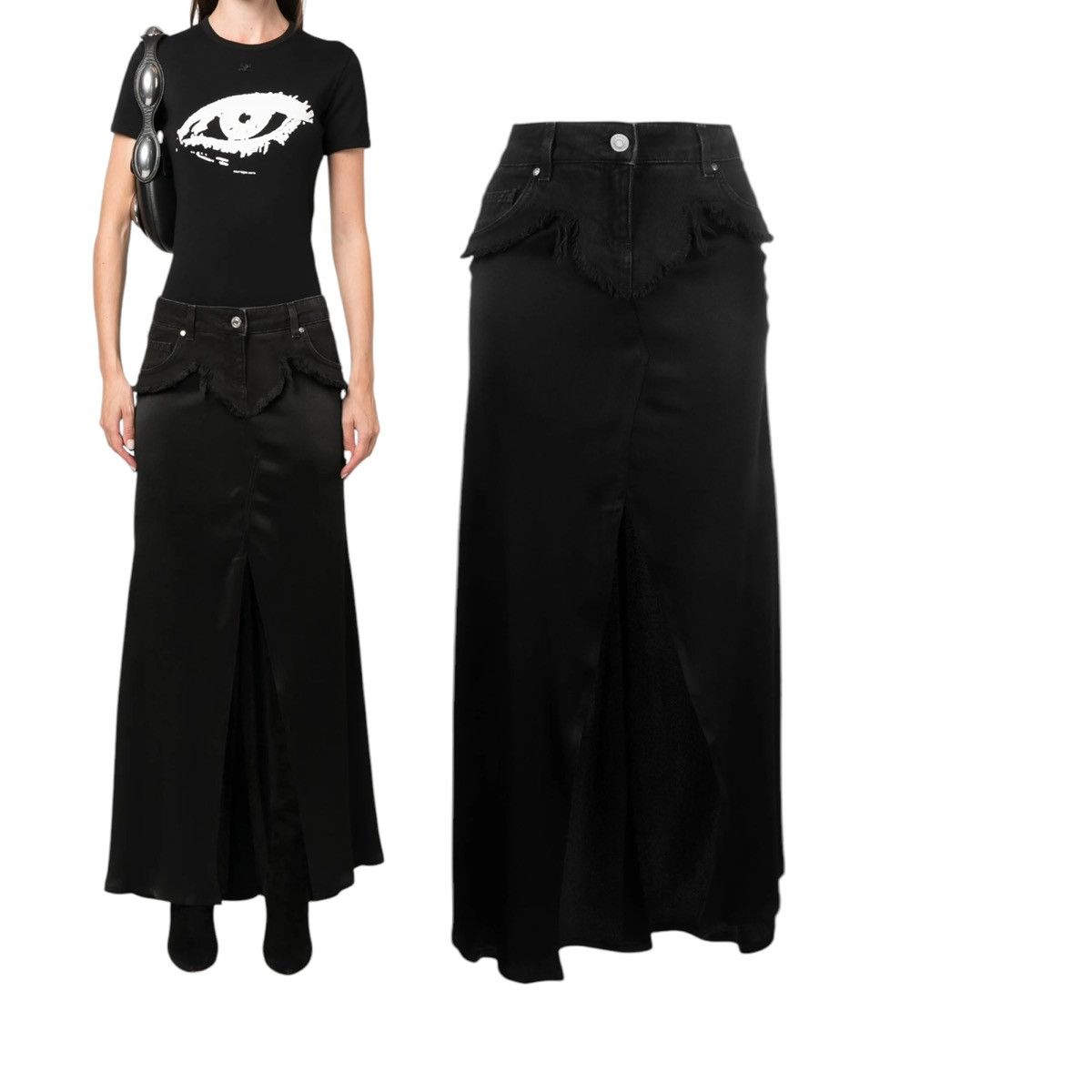 $1340 denim trim satin maxi slit skirt