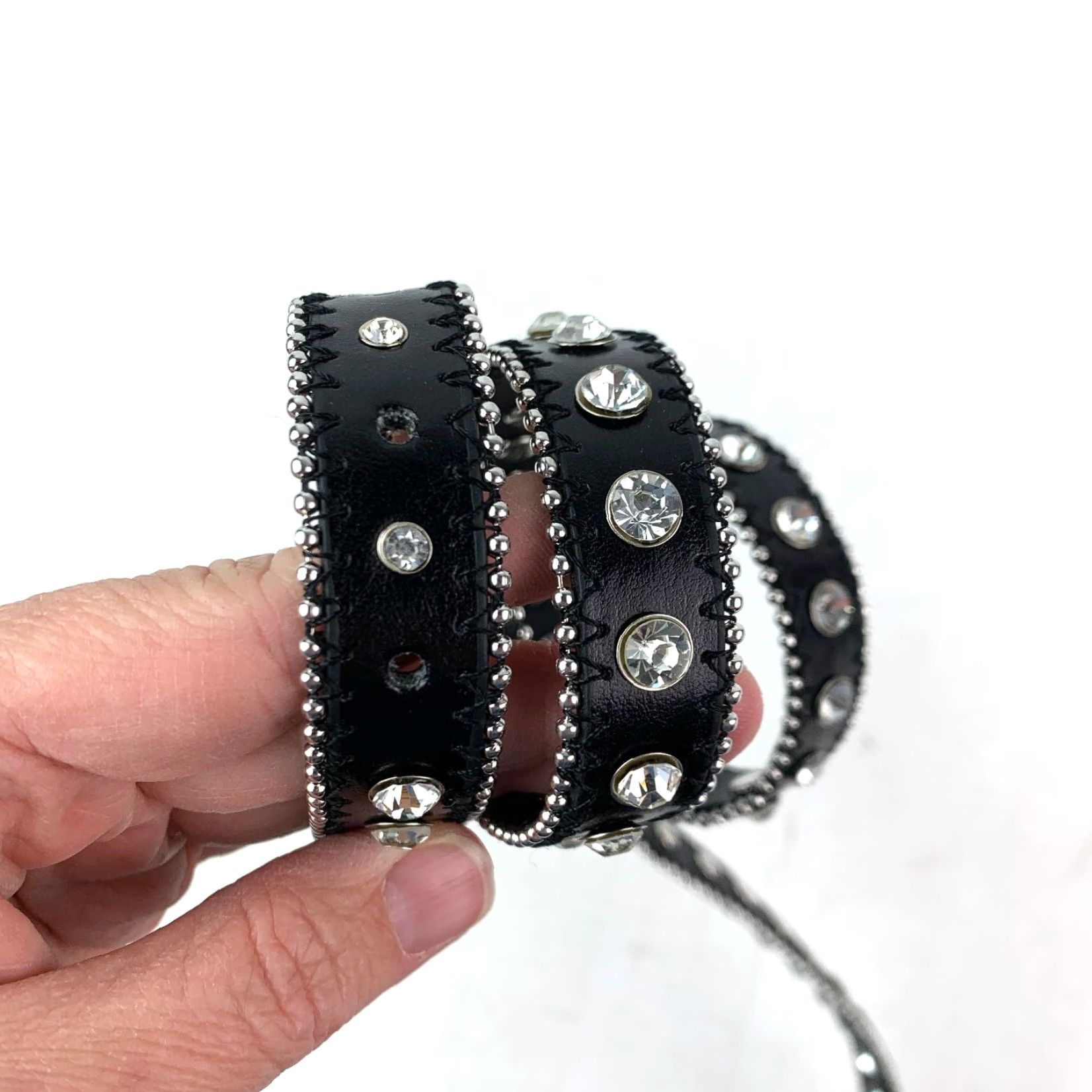 Vintage VINTAGE Women's Black XL Goth Moto Leather Belt with Rhinestone Studded Buckle 46" Belt Mens Womens XL Black Rhinestone Buckle Leather Belt Size ONE SIZE - 4 Thumbnail