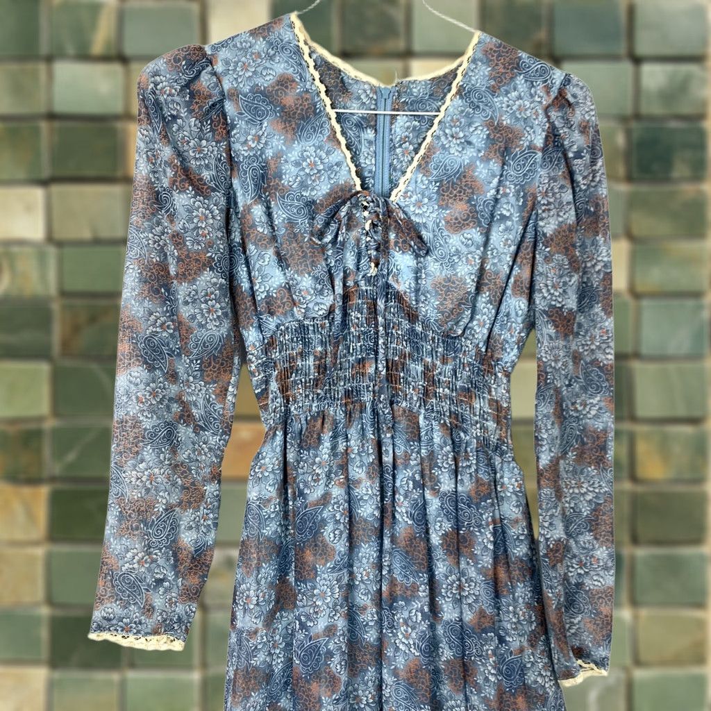 Vintage VINTAGE 70s Candi Jones California Bohemian Prairie Cottage Maxi Dress Paisley Blue 5 Womens Size S / US 4 / IT 40 - 1 Thumbnail