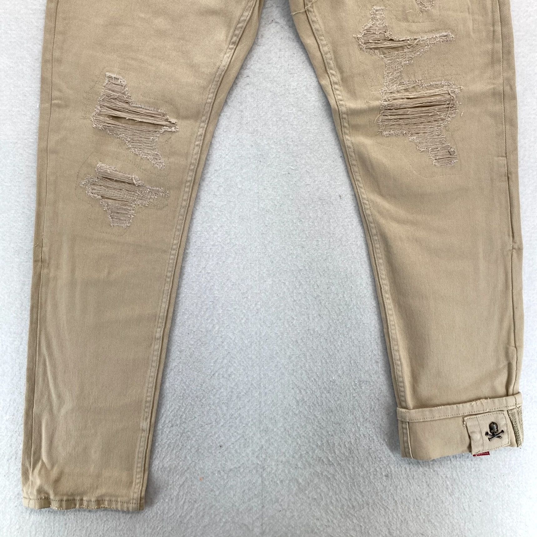 Denime Smugglers Moon Jeans Mens 38x33 Khaki Beige Denim Button Fly Roll Up Distressed Slim 5-Pocket Gothic Punk Rock Skull Mens Jeans Size US 38 / EU 54 - 3 Thumbnail
