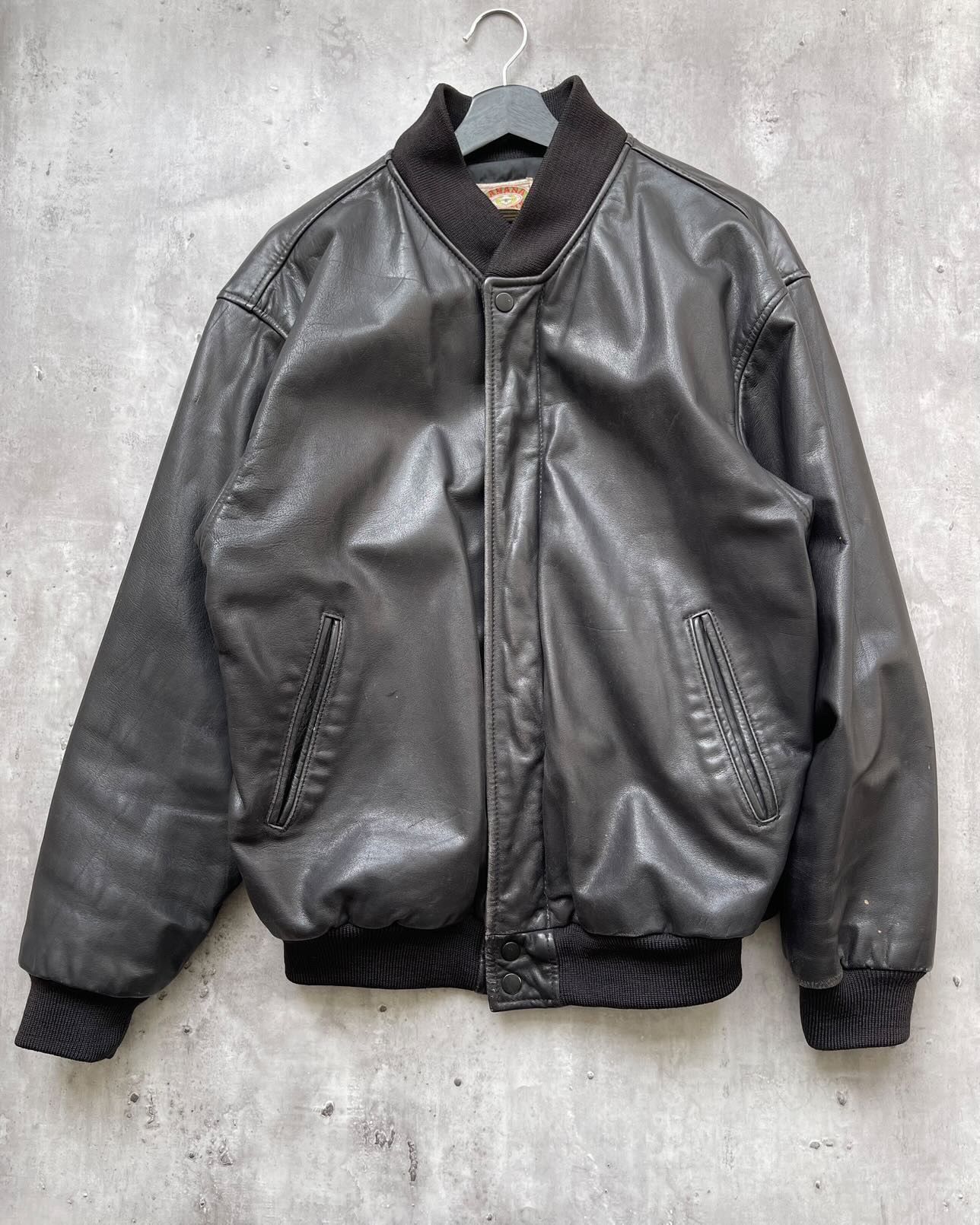 80s Vtg black real leather bomber jacket