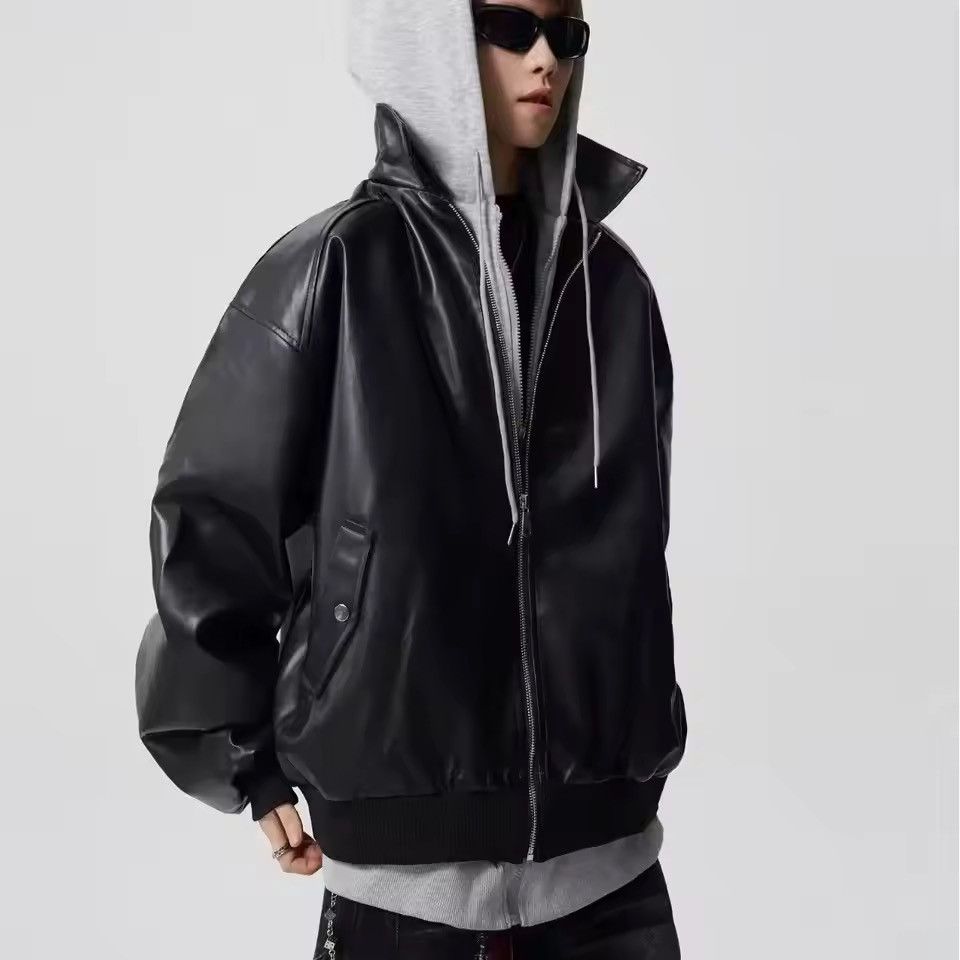 Japanese Brand Fake Two-Piece Double Zipper Leather Bomber - Black/Grey Size US XXL / EU 58 / 5 - 2 Thumbnail