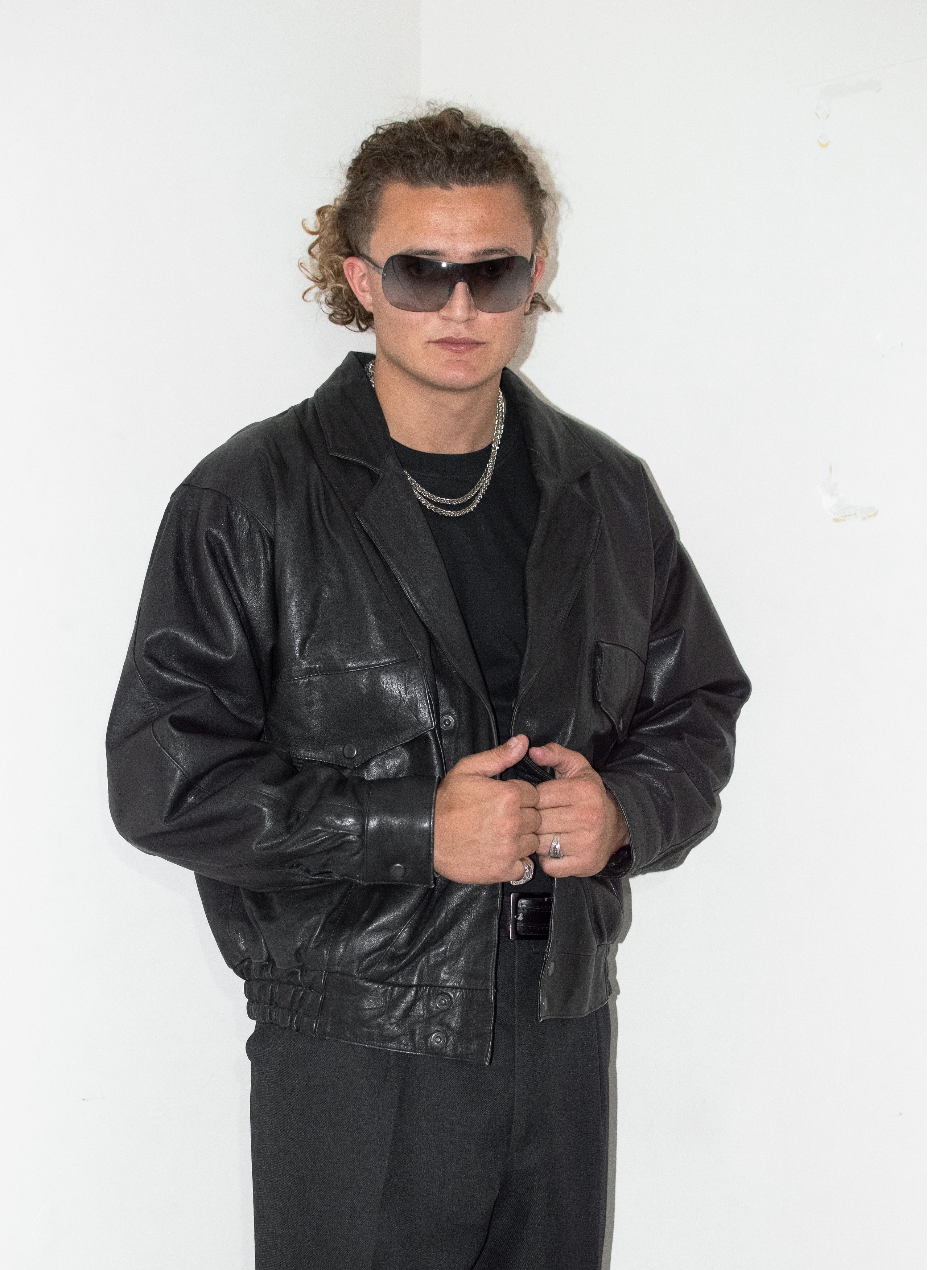 Vintage 90s Black Real Leather Oversize Boxy Bomber Jacket