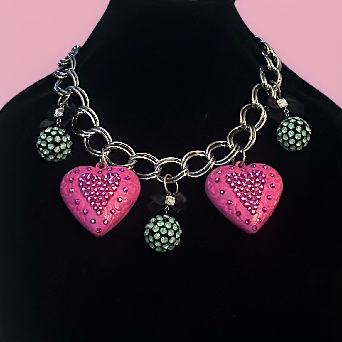 Other Chunky silver tone pink puffed rhinestone heart necklace Size ONE SIZE - 1 Thumbnail
