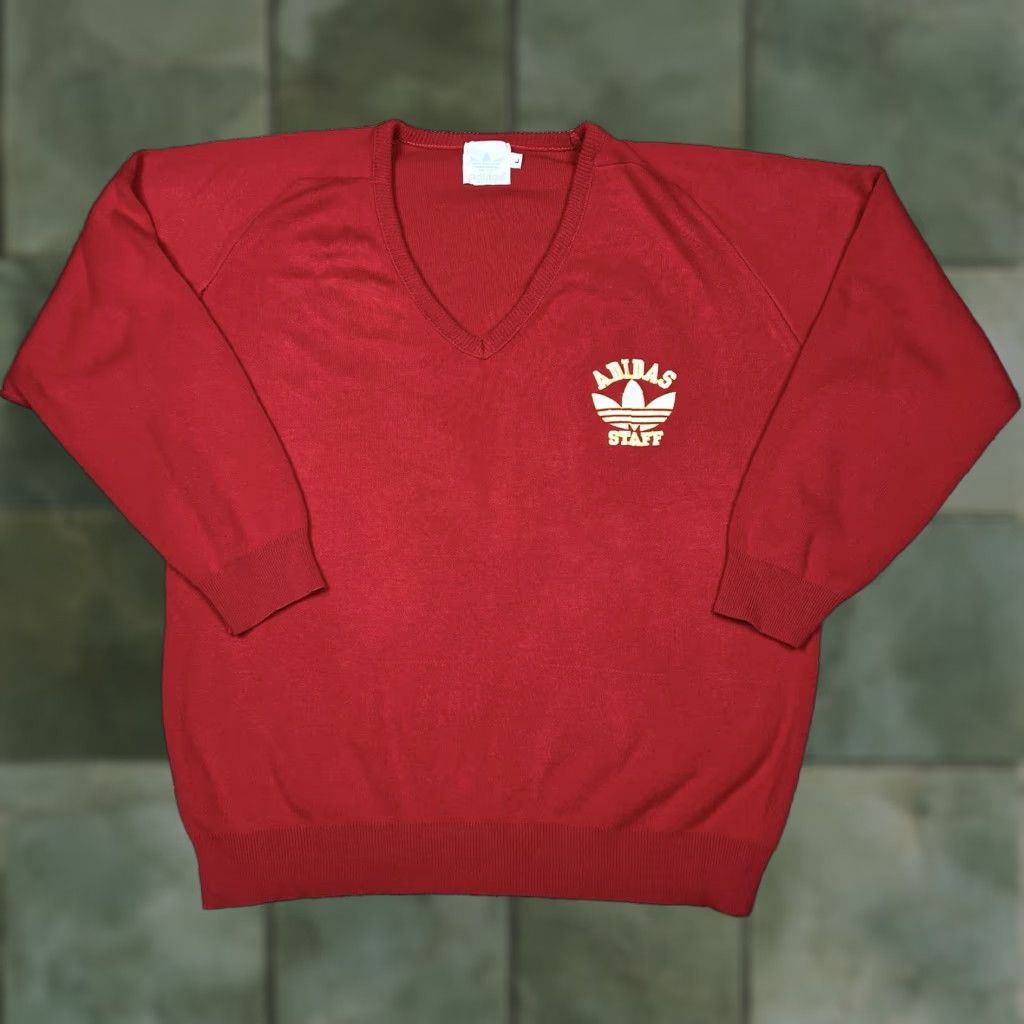 Adidas VINTAGE Adidas Staff V-Neck Knit Red Sweater Adult Large Embroidered Logo Shirts Pullover 80s Mens Womens Unisex Size US L / EU 52-54 / 3 - 1 Thumbnail