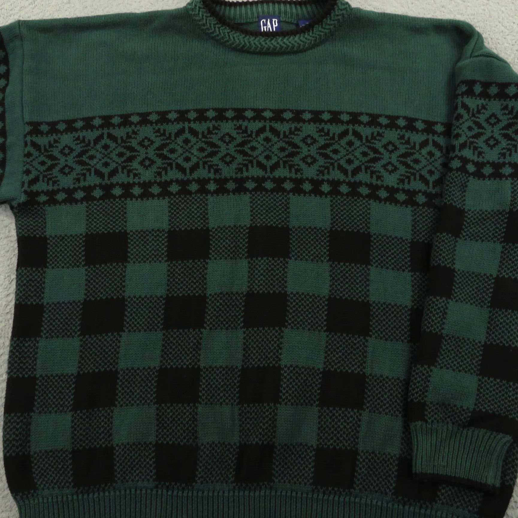 Gap Gap Sweater Men XL Crewneck Fair Isle Vintage 90s Pullover Knit Cotton Green Long Sleeve Chunky Pattern: Fair Isle Size US XL / EU 56 / 4 - 4 Thumbnail