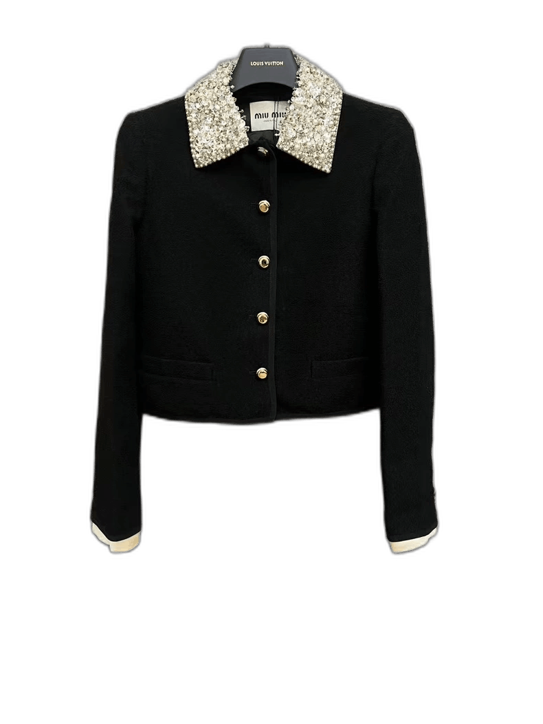 Miu Miu Black Wool Jacket with Glitter Collar-yf