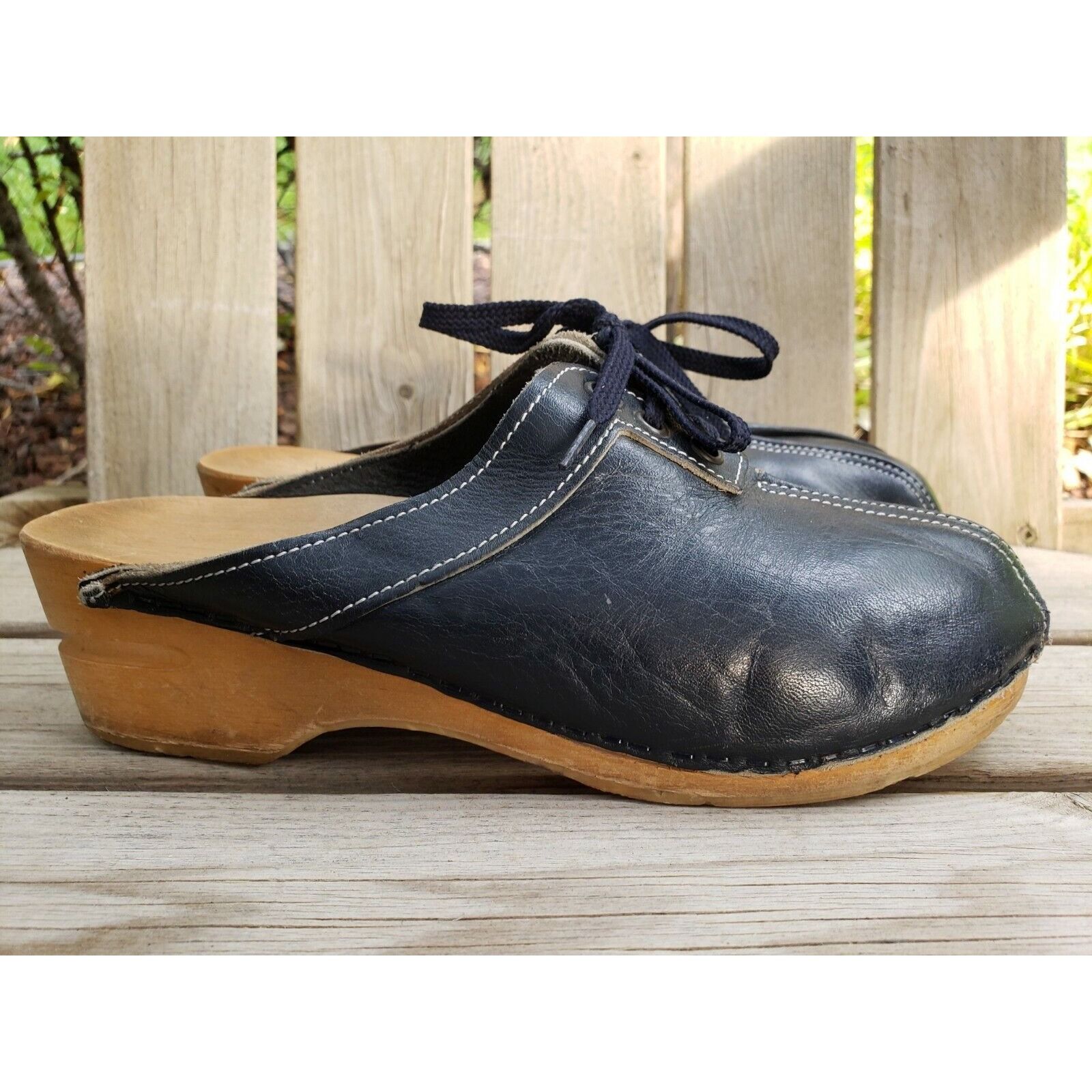 Vintage 70s Leather Wood Clogs Womens Sz 6 Blue Mules Festival Vinta Size US 6 / IT 36 - 4 Thumbnail