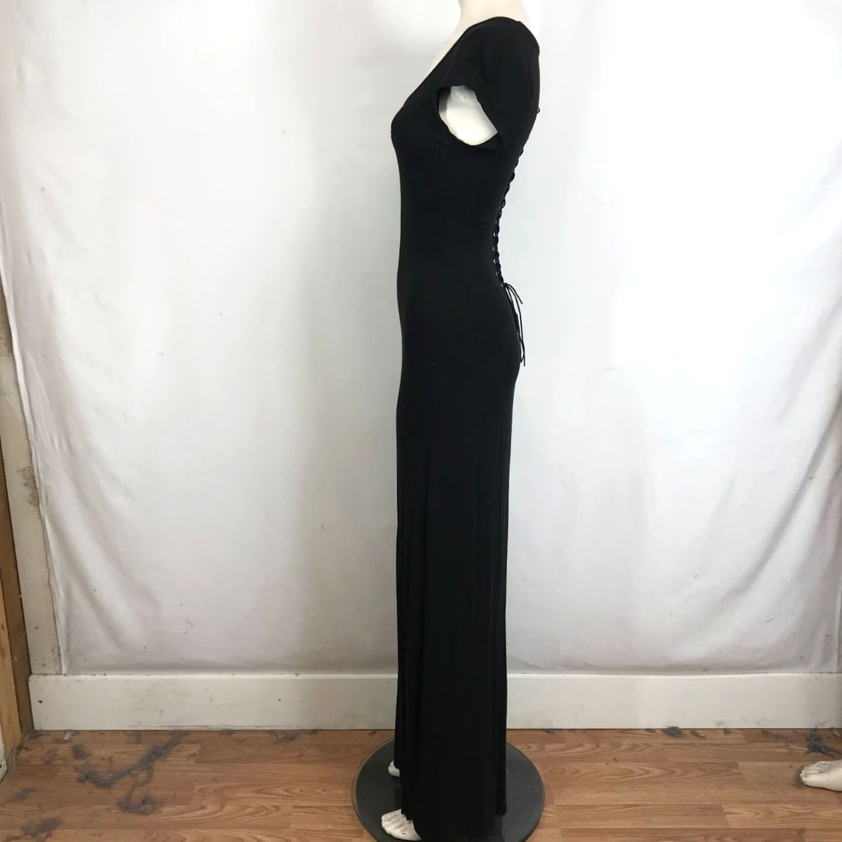 Bebe VINTAGE BEBE Women's XS BLACK Short Sleeve Bling Lace Up Maxi Dress Size 26" / US 2 / IT 38 - 6 Thumbnail