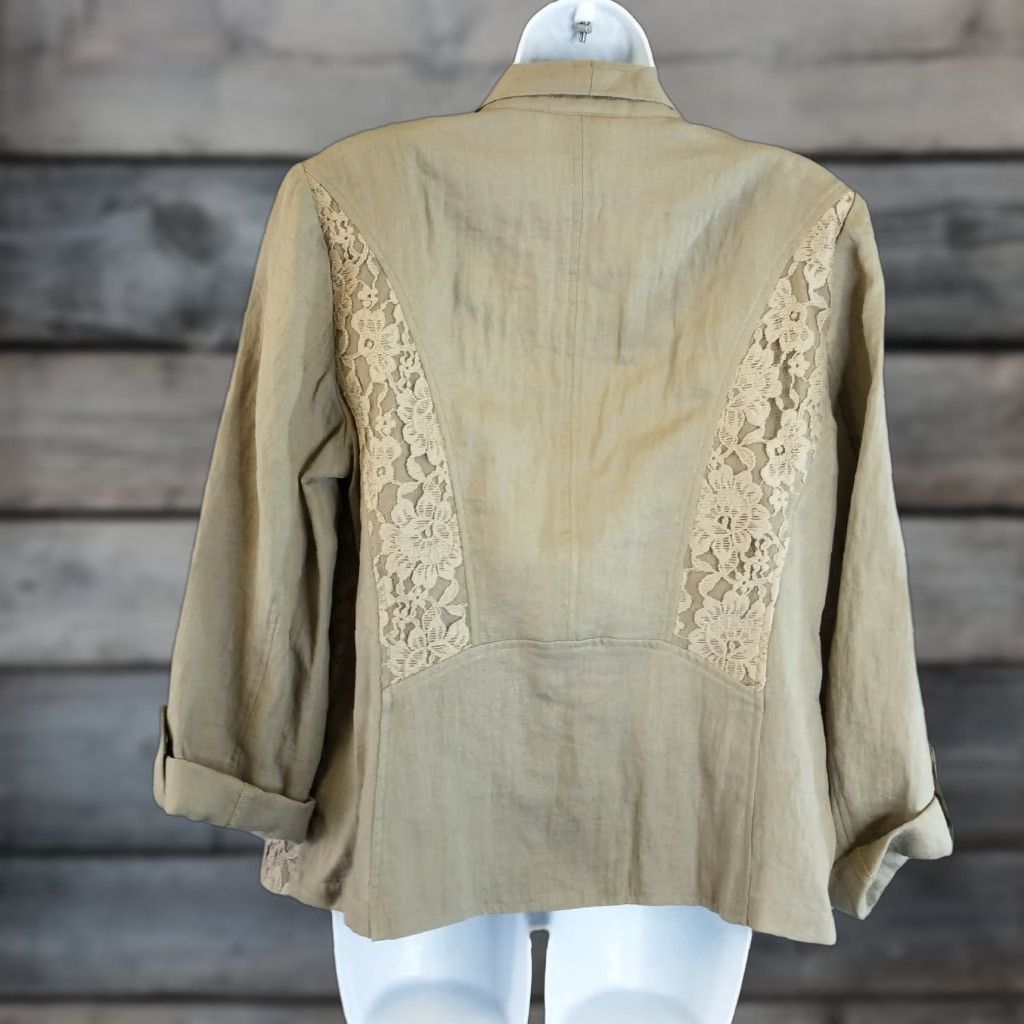 Vintage Chicos Womens Jacket Open Front Sz L Brown Rayon Blend Lace Panels Tabbed Sleeves - Casual Vintage? No—but no vintage tag. Size L / US 10 / IT 46 - 1 Thumbnail