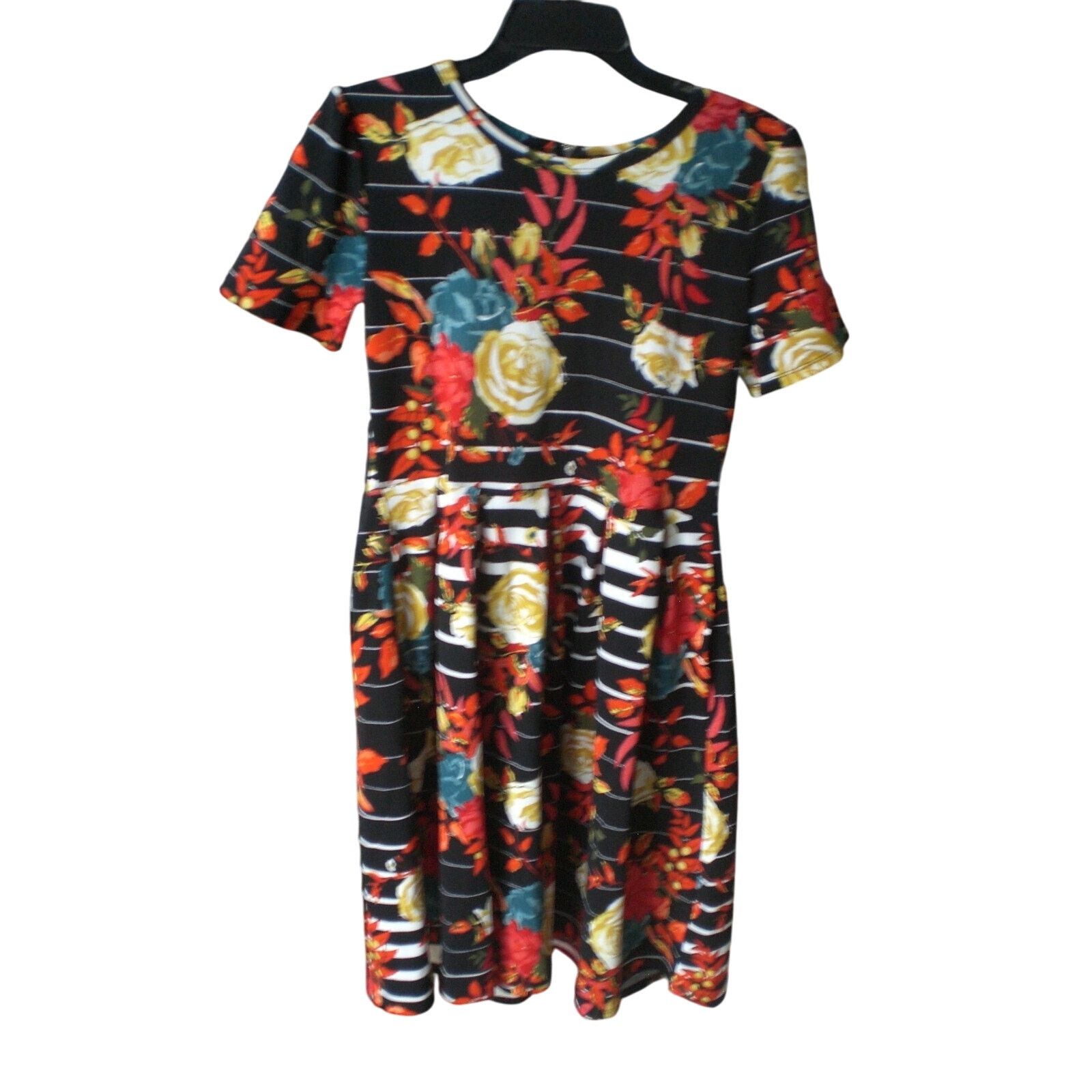 NWT LuLaRoe Amelia Dress Black White Stripes Florals Medium