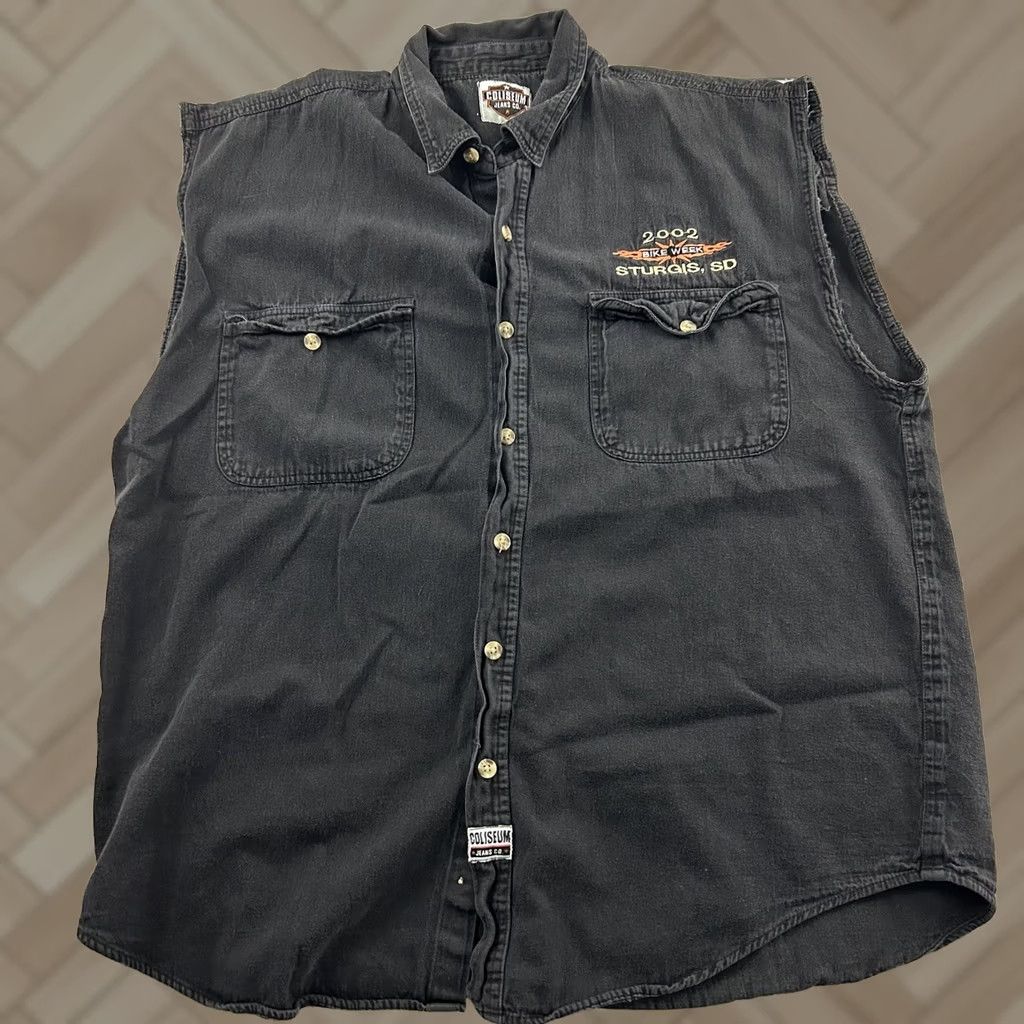 Denime 2002 Bike Week Sturgis SD Sleeveless Denim Button Up Shirt Men's XL Black Size US XL / EU 56 / 4 - 1 Thumbnail