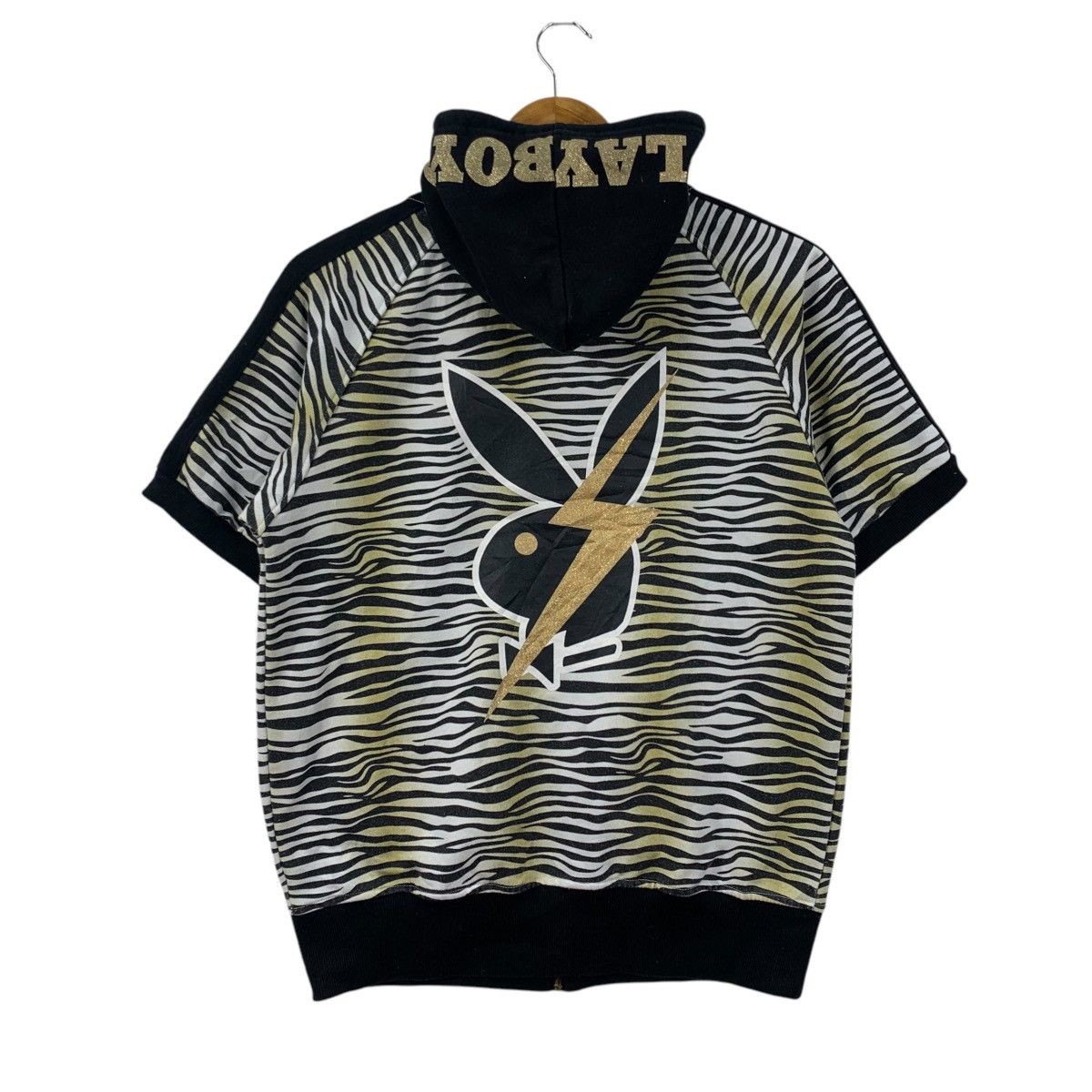 Vintage PLAYBOY Tiger Stripes Overprint Short Sleeve Hoodie