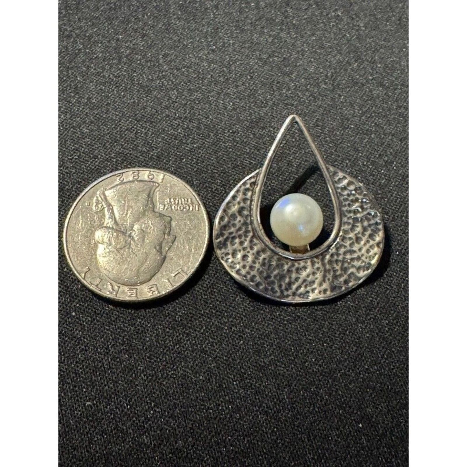 Other 925 Sterling Israel Signed Real Pearl Hammered Pendant Size ONE SIZE - 3 Thumbnail