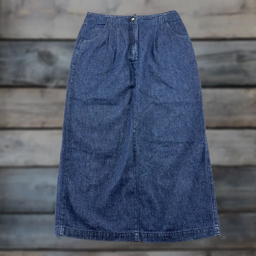 Denime VINTAGE Denim Maxi Skirt Womens 12 Waist Blue Long Pencil Dark Wash Cotton 90s Mermaid Button Pleated Pockets 80s 90s Theme Boys Girls Mens Womens Size 34" / US 12 / IT 48 - 1 Thumbnail