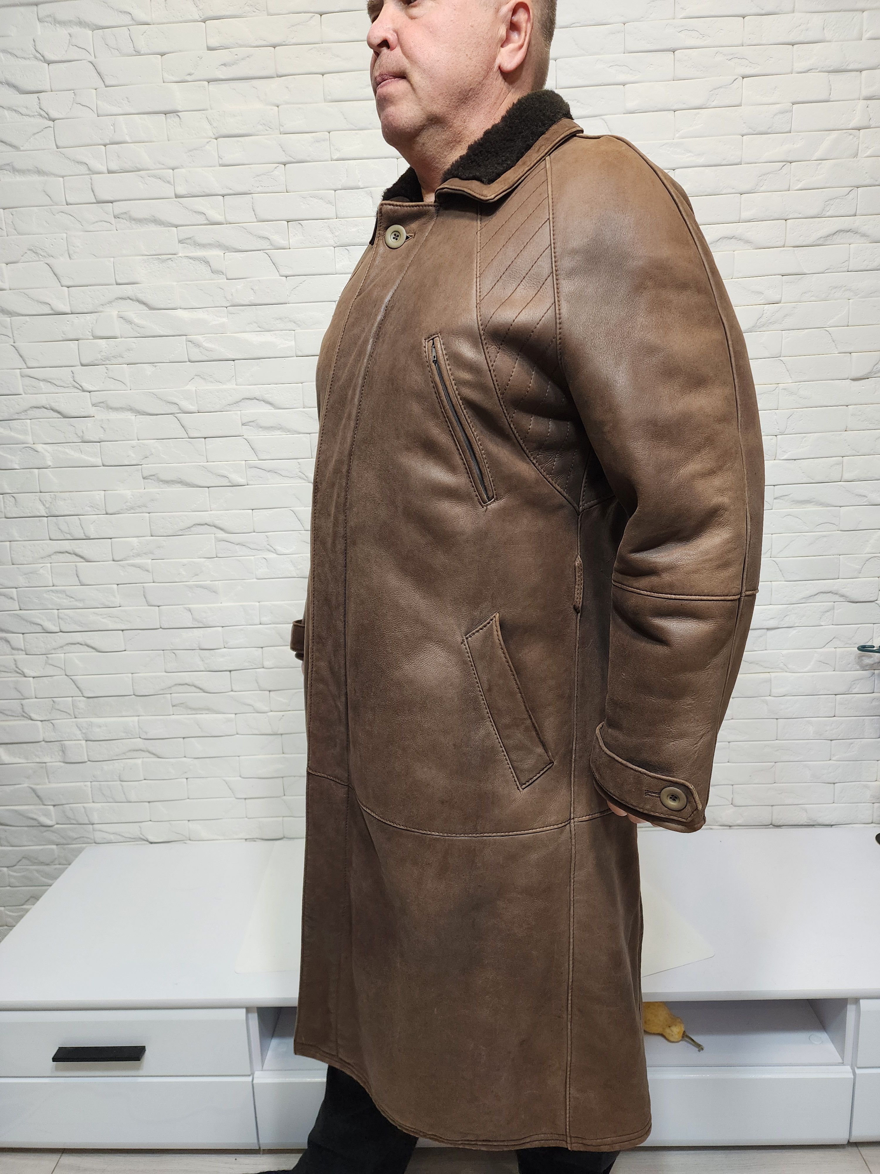 Genuine Leather Brown Genuine Fur Men's Coat Size XXL / US 16-18 / IT 52-54 - 3 Thumbnail