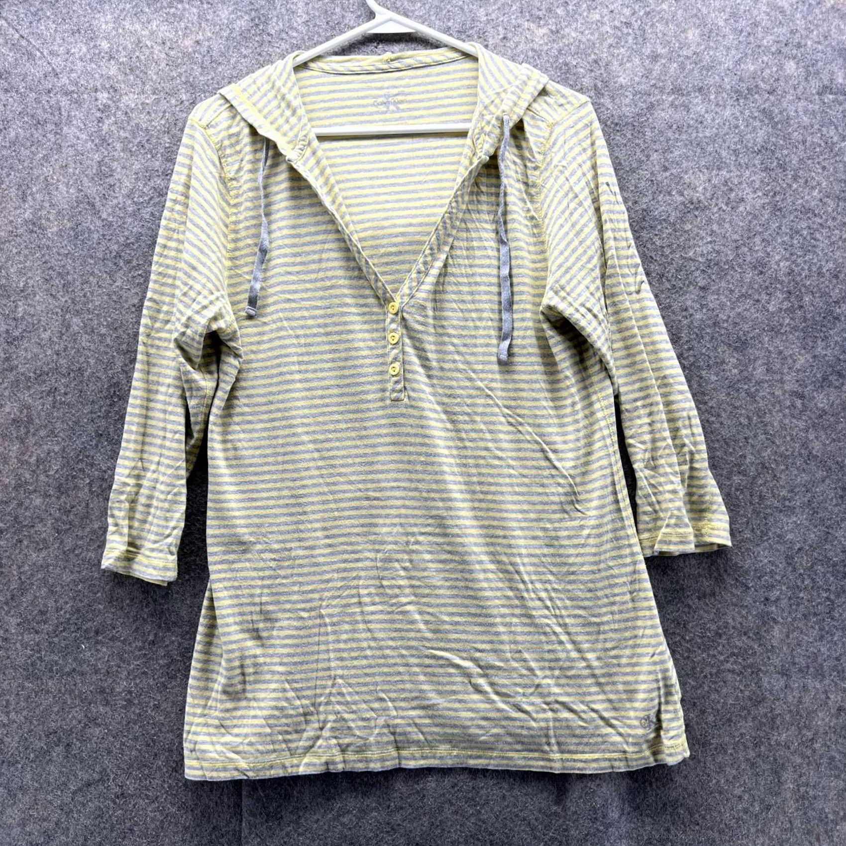 Calvin Klein Calvin Klein Sweater Women Large Pullover Hooded Striped Yellow Gray Logo Fleece Cotton Long Sleeve Knit Taraf? Size L / US 10 / IT 46 - 2 Thumbnail