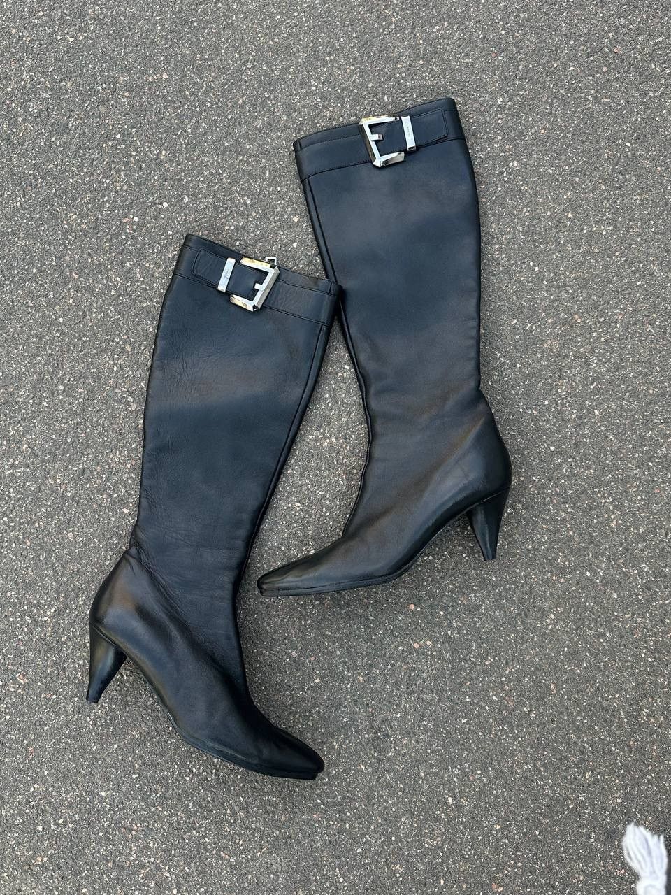 Prada Vintage Black Leather Knee-High Boots with Buckle