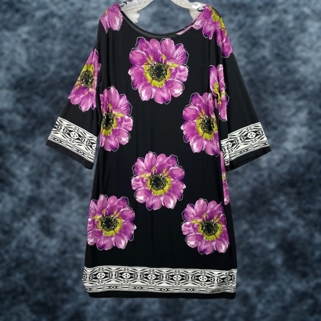 Vintage VOLT Voir Voir Dress 18 Black Floral Boat Neck 3/4 Sleeve Stretch Liquid Knit Midi Dress Womens Size XXL / US 16-18 / IT 52-54 - 1 Thumbnail