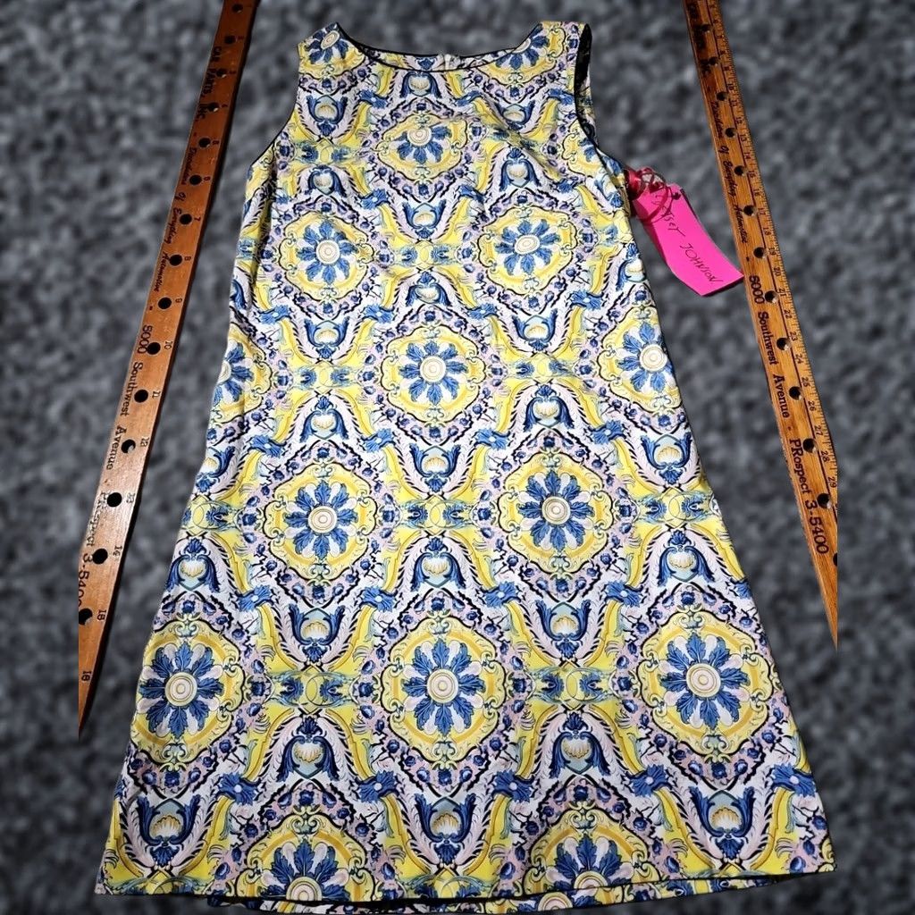 Betsey Johnson VINTAGE Betsey Johnson Dress Womens Size 10 Yellow Blue Shift Midi Sheath Size L / US 10 / IT 46 - 1 Thumbnail