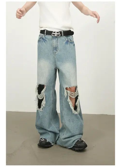 Japanese Brand × Jean Street distressed wide-leg loose straight ripped jeans Size US 32 / EU 48 - 2 Thumbnail