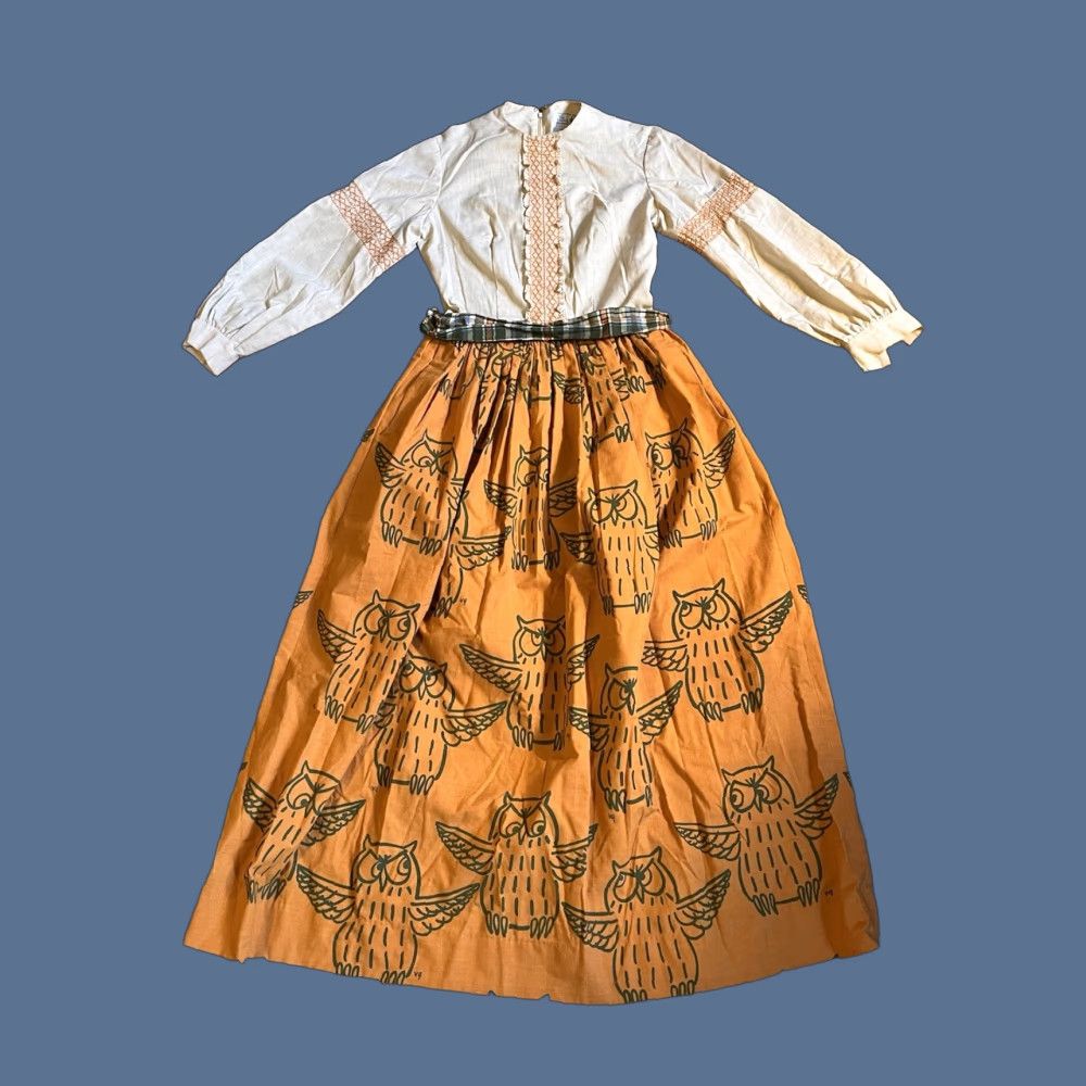 VINTAGE The Vested Gentress Maxi Owl Novelty Print Dress Women's 10 Multicolor Shirt Dresses Womens 10 Bohemian 1970s