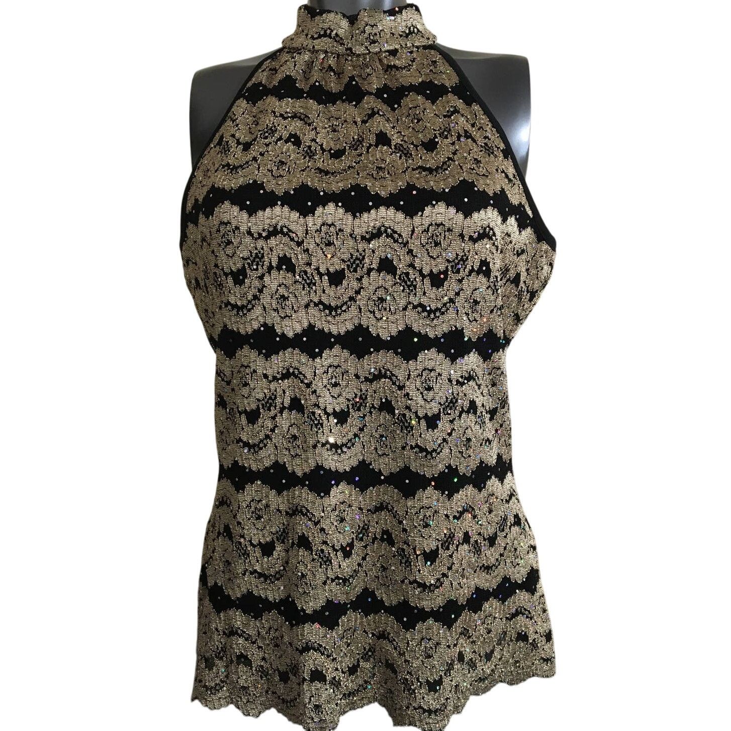 Other Nue Options Large Black Tan Lace Sequins Top Choker Collar Size L / US 10 / IT 46 - 1 Thumbnail