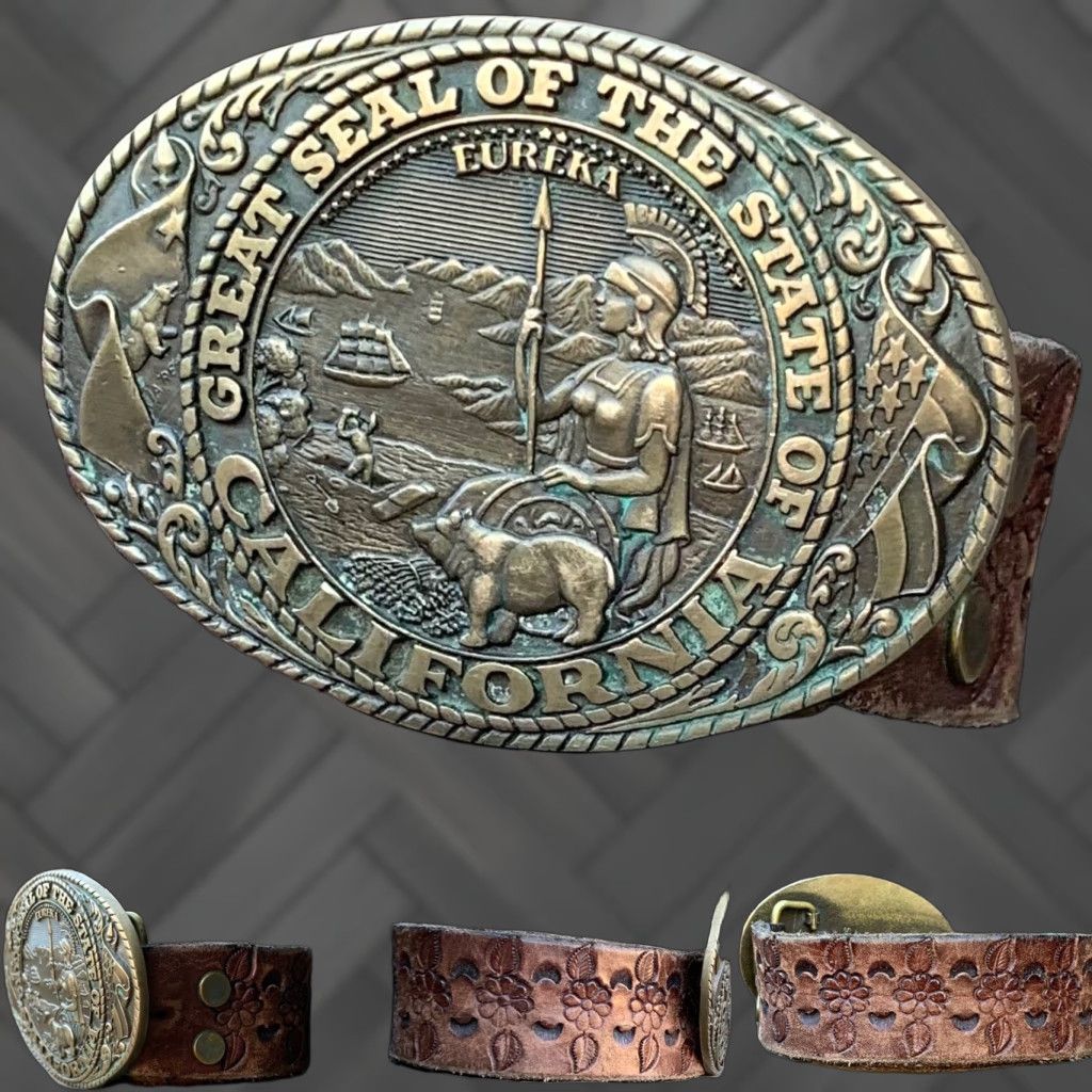 Tony Lama VINTAGE tooled leather belt Tony Lama state series California brass buckle Belt Adult Unisex Rockabilly Size ONE SIZE - 1 Thumbnail