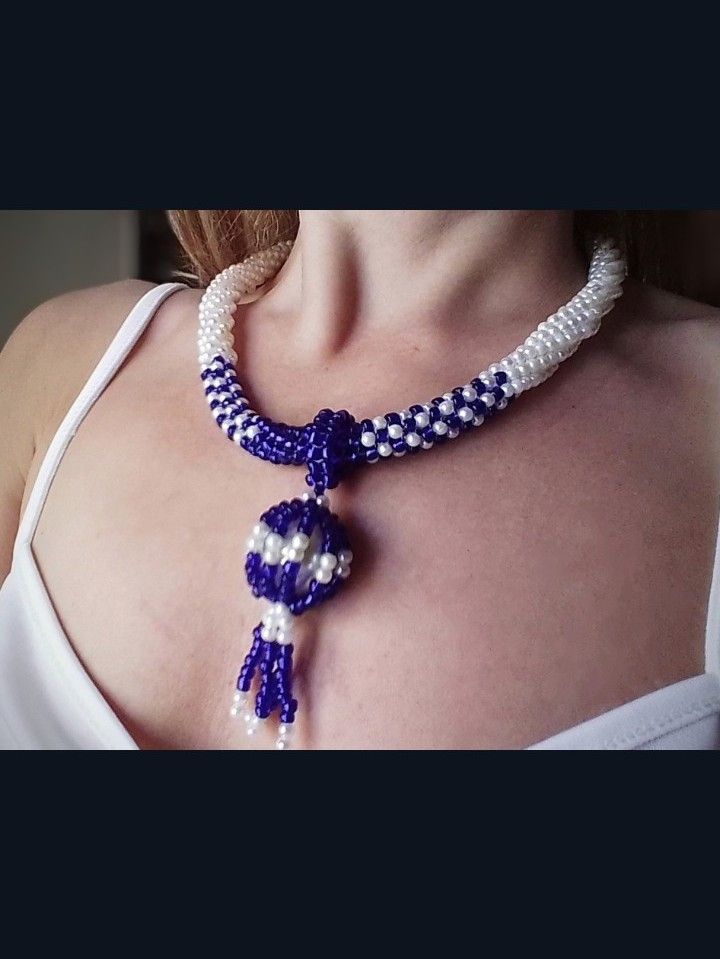 Handmade Necklace Vintage Style Ivory Pearls, Blue Pendant Bangs Size ONE SIZE - 2 Thumbnail