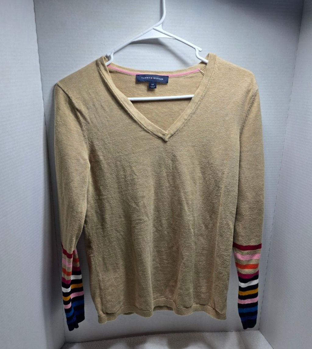Tommy Hilfiger Women's Tommy Hilfiger V-Neck Sweater SP Beige with Stripes Size S / US 4 / IT 40 - 1 Thumbnail