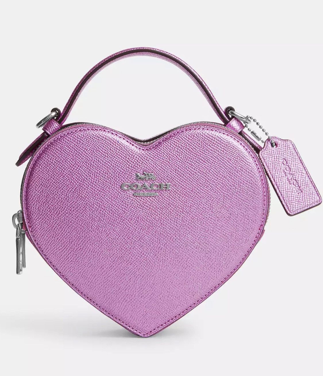 image of Coach Heart Crossbody Bag In Metalic Crossgrain Leather Lila in Pink, Women's
