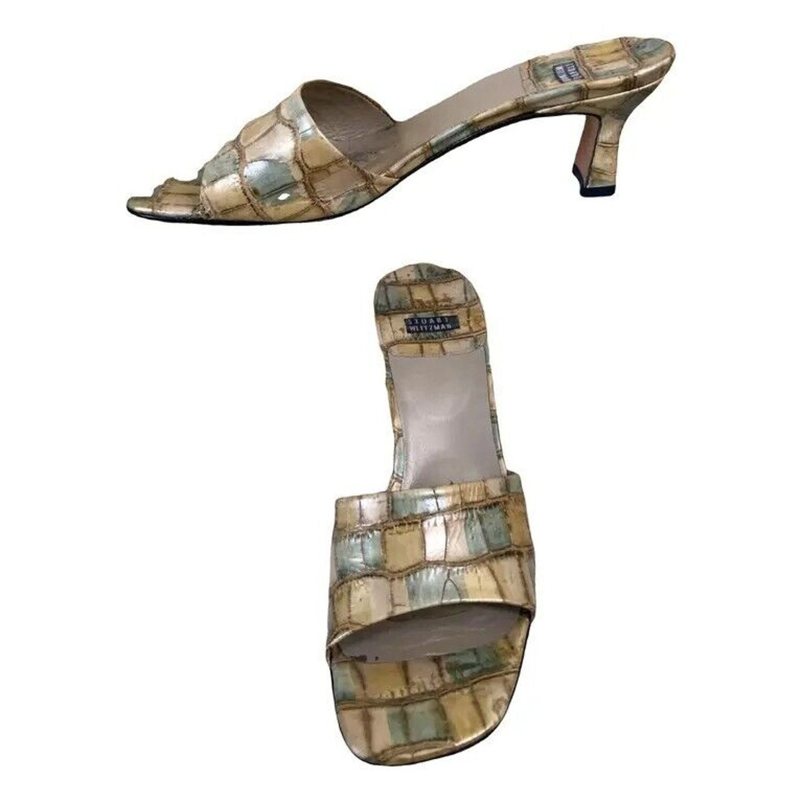 Stuart Weitzman Metallic Croc Leather Shoe Sandal Gold Grn