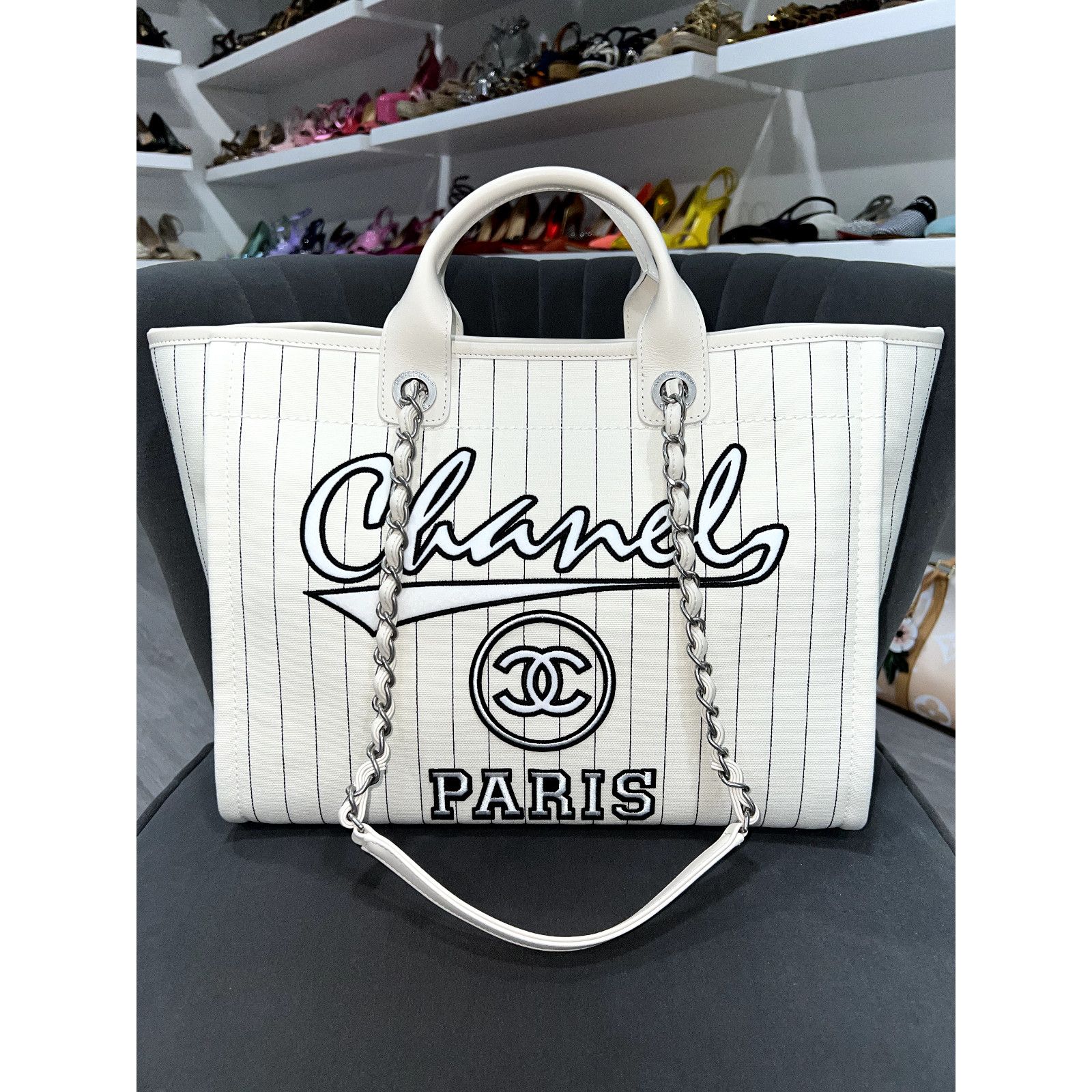Chanel Chanel Deauville Ecru Stripe Large Shopping 30cm Tote Bag Size ONE SIZE - 1 Thumbnail