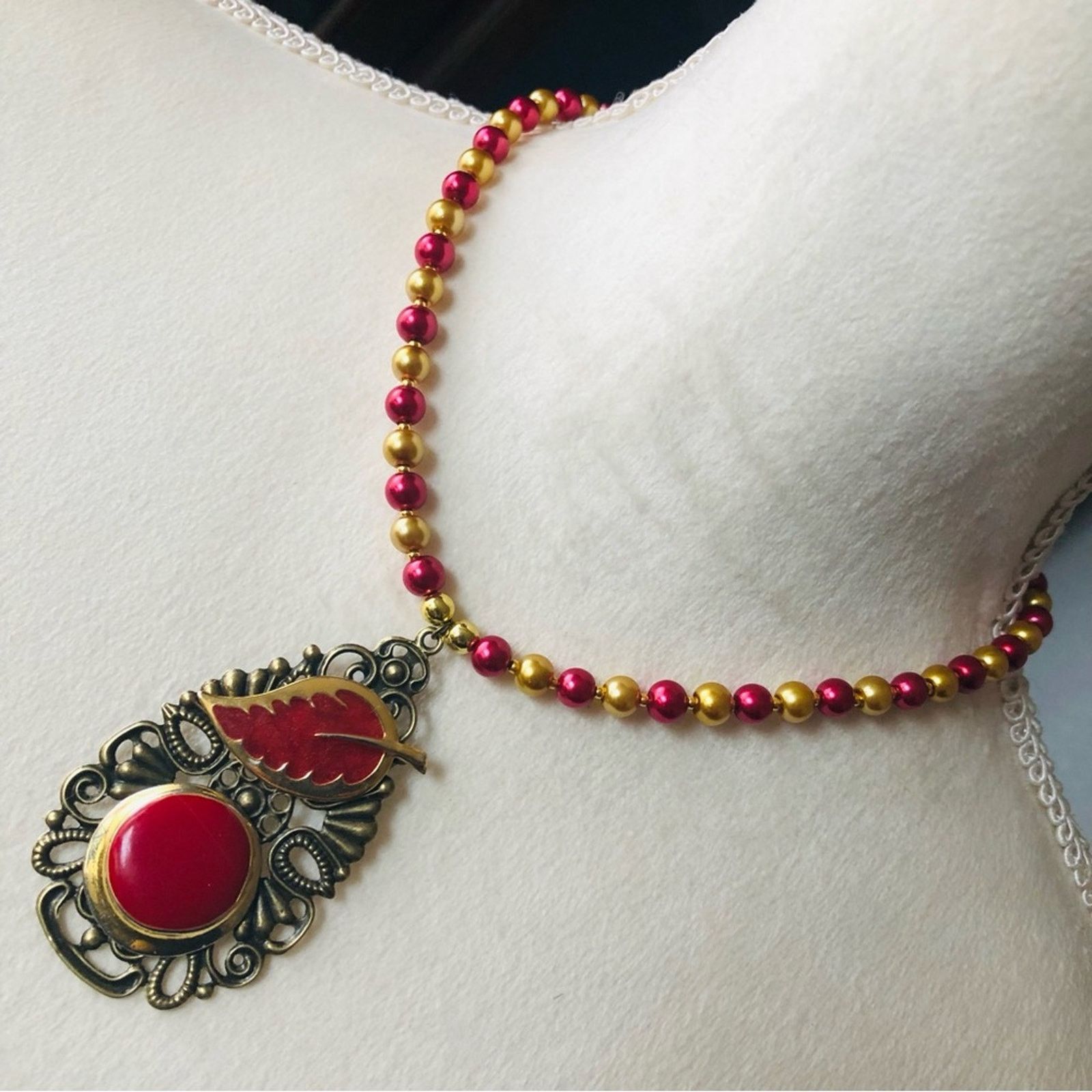Handmade Handcrafted repurpose red enamel filigree pearl necklace Size ONE SIZE - 1 Thumbnail