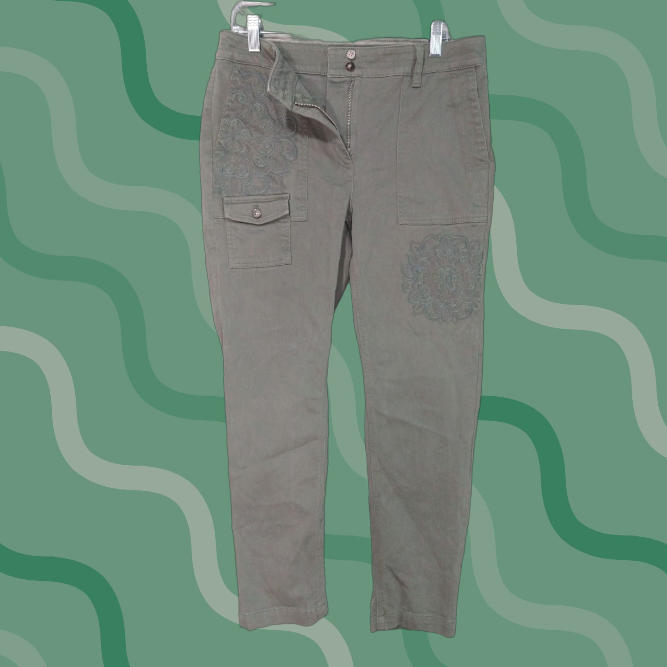 Vintage J Jill Pants Womens 10 Green Cargo Chino Floral Embroidered Mid Rise Stretch Casual Travel Bohemian Preppy Size 32" / US 10 / IT 46 - 1 Thumbnail