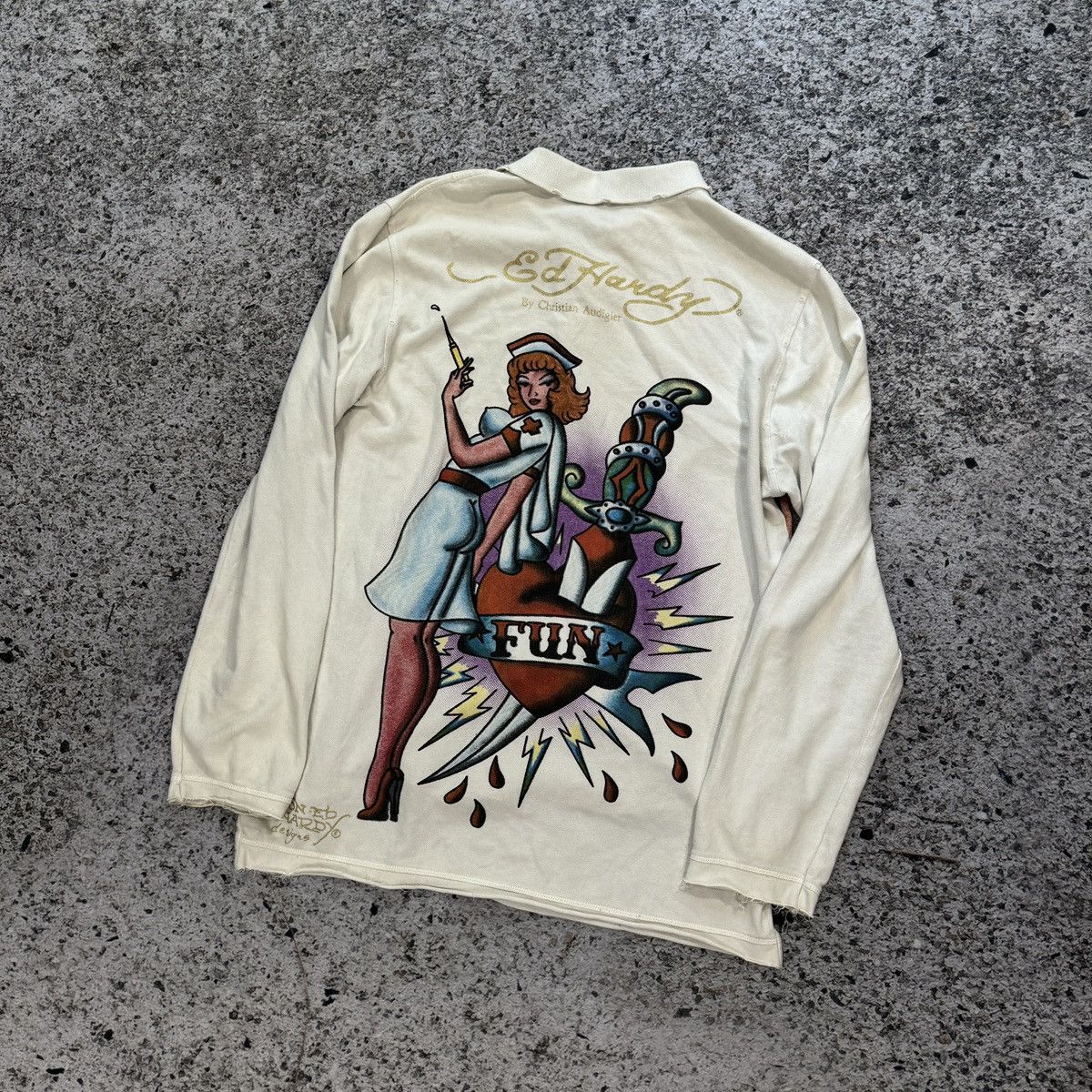 Ed Hardy Y2K Ed Hardy Thrashed Distressed Nurse Shirt ERD Grunge Size US L / EU 52-54 / 3 - 17 Thumbnail