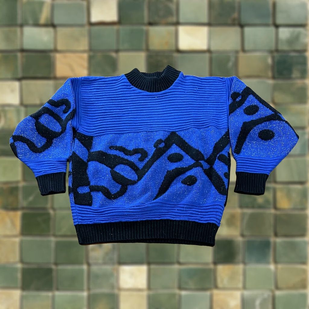 Vintage VINTAGE Blue Geometric Knit Sweater Medium Women's Textured Glitter Groovy 90s Size M / US 6-8 / IT 42-44 - 1 Thumbnail