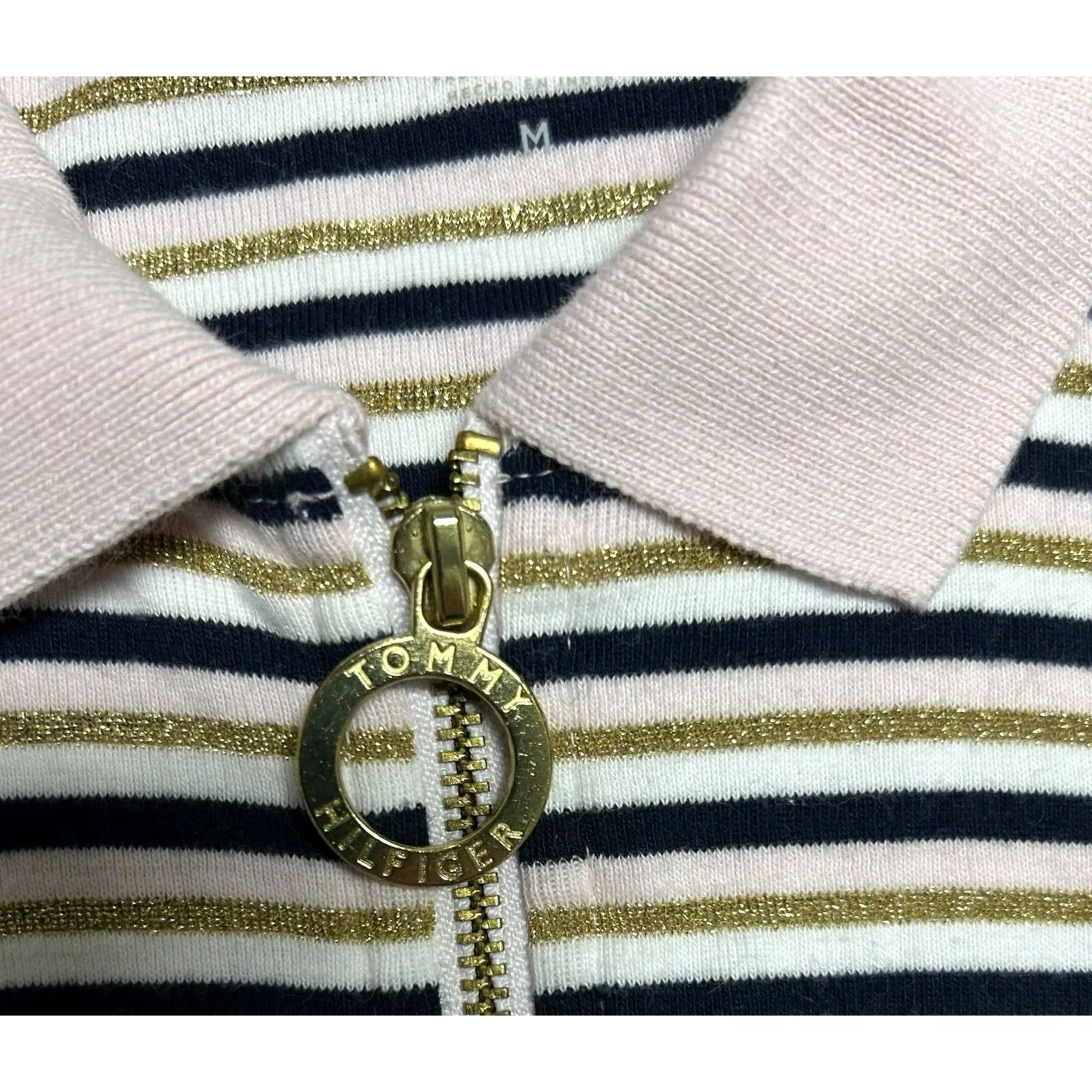 Tommy Hilfiger Tommy Hilfiger Half Zip Polo Shirt Blue White Gold Stripe Women's M Multicolor Cap Sleeve Casual Travel Polo Shirt Y2K Colorful Regular Men? Women? Size M / US 6-8 / IT 42-44 - 7 Thumbnail