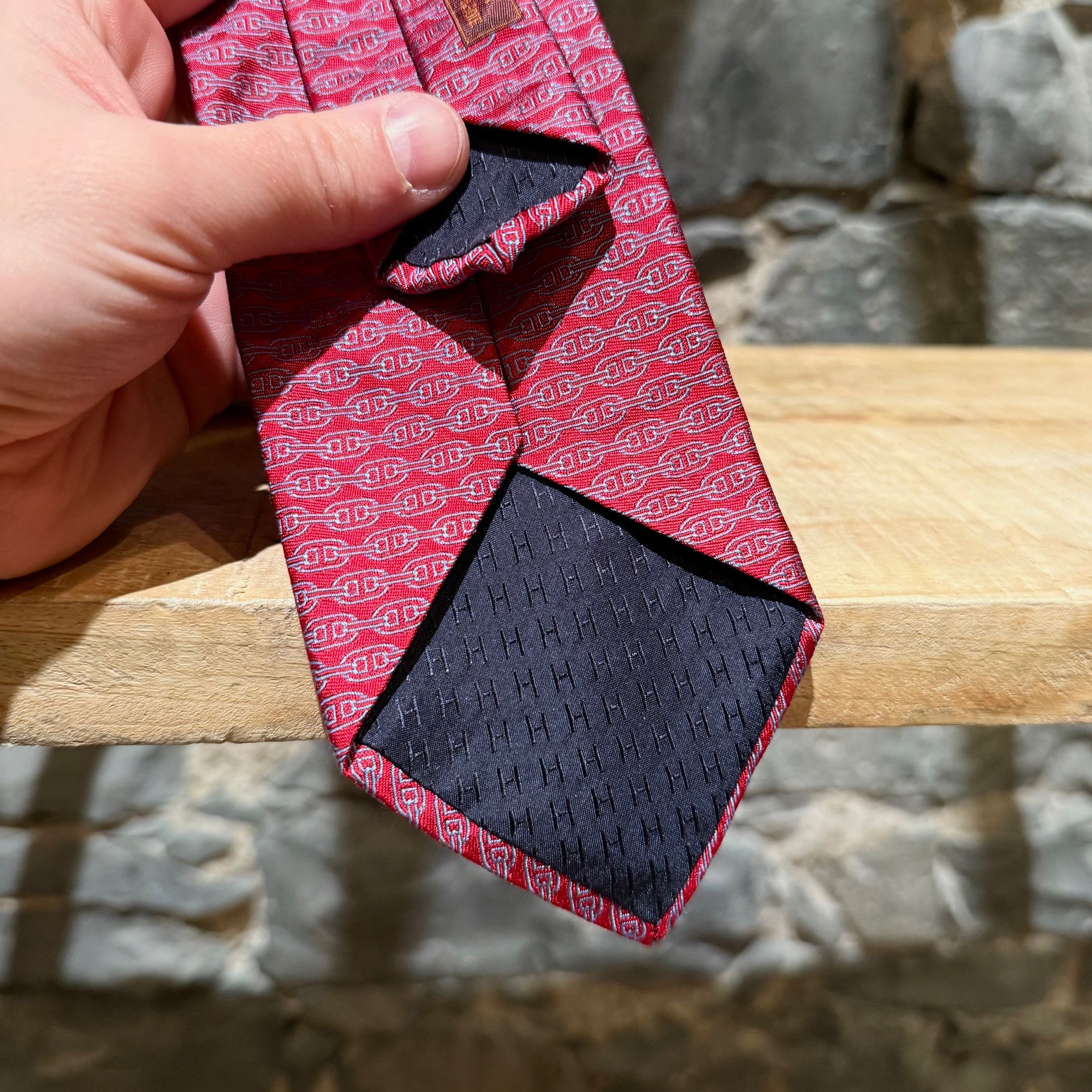 Hermes Hermès Chaine D'Ancre Horizontal Stripe Red Silk Tie Size ONE SIZE - 5 Thumbnail