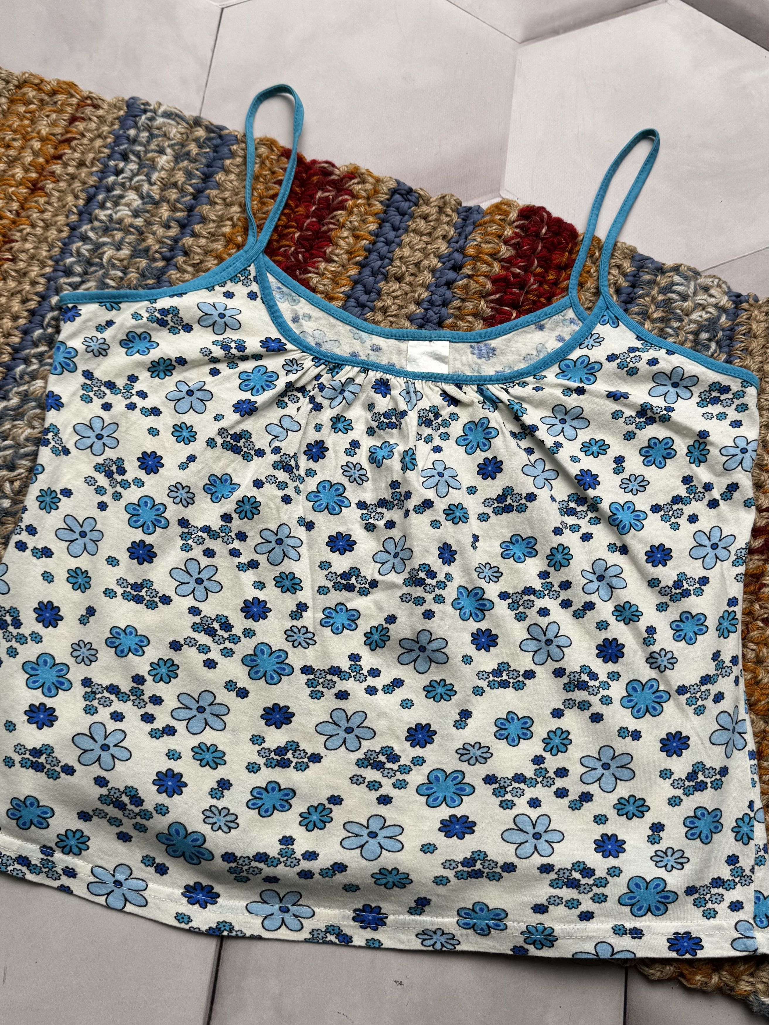 Vintage Vintage Blue Floral Camisole Top Y2K Womens Spaghetti (E4) Size M / US 6-8 / IT 42-44 - 2 Thumbnail