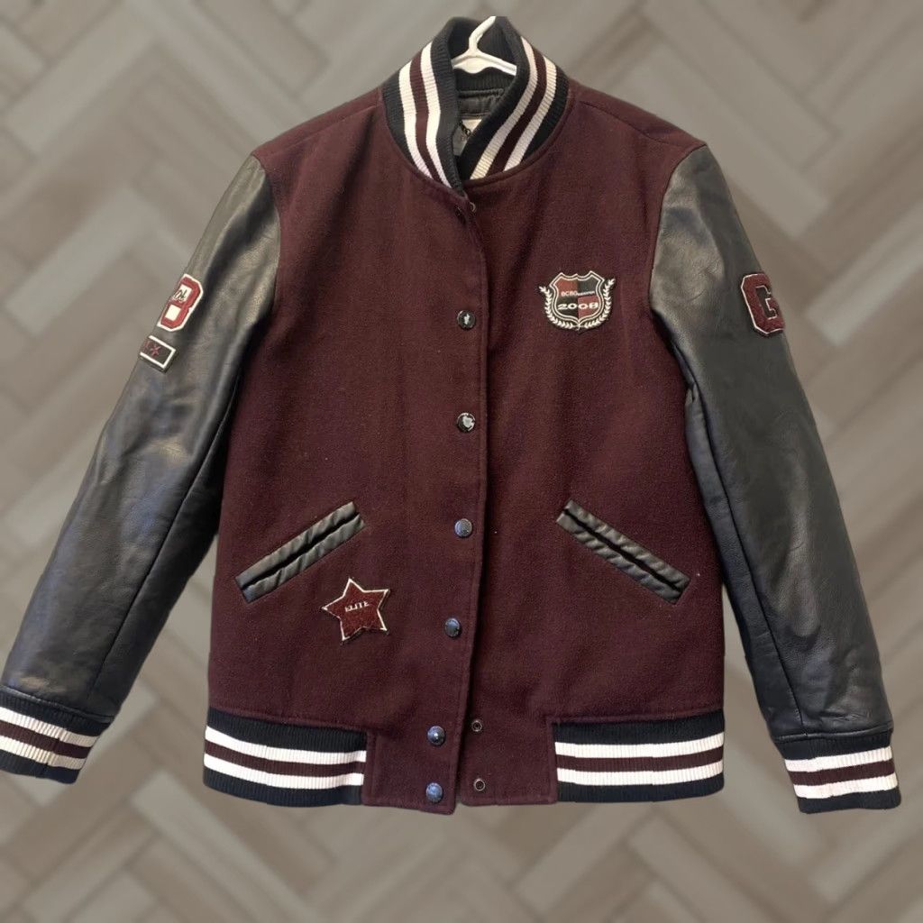 BCBGeneration VINTAGE BCBGeneration Wool Faux Leather Letterman Bomber Jacket XS Burgundy/Black Womens Size XS / US 0-2 / IT 36-38 - 1 Thumbnail