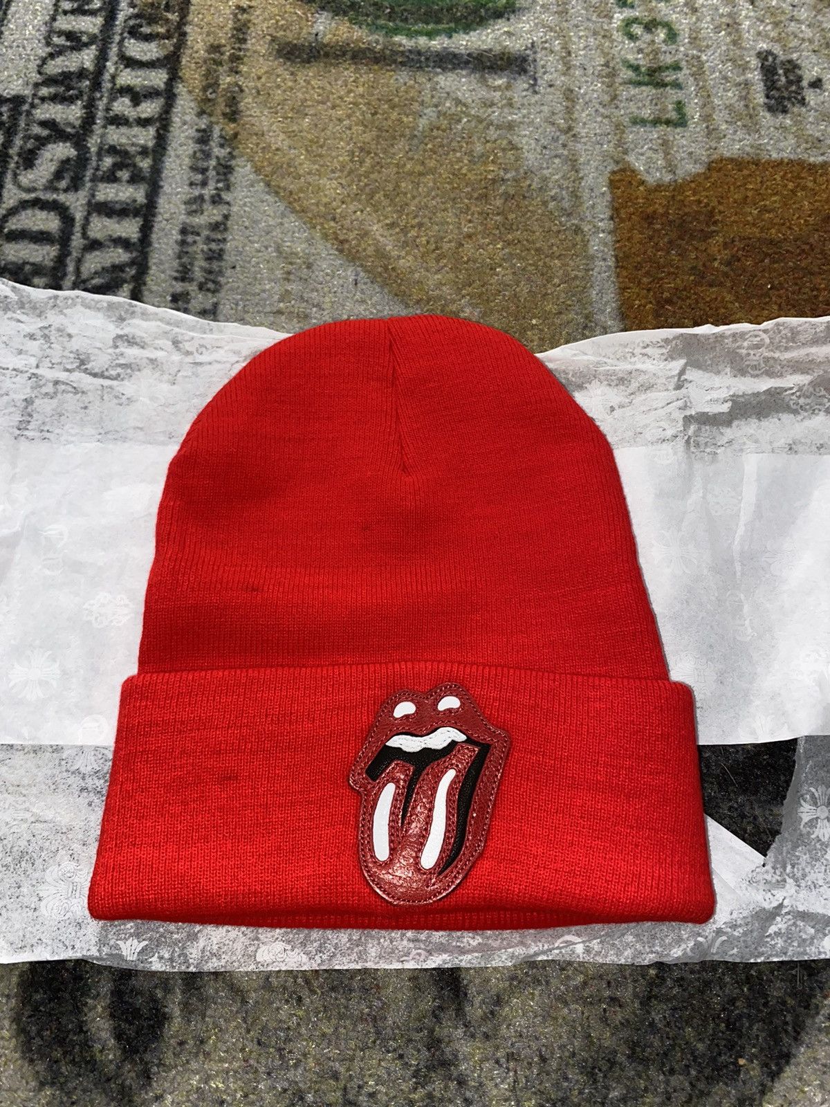 Pre-owned Chrome Hearts Rolling Stone Leather Patch Beanie In Red