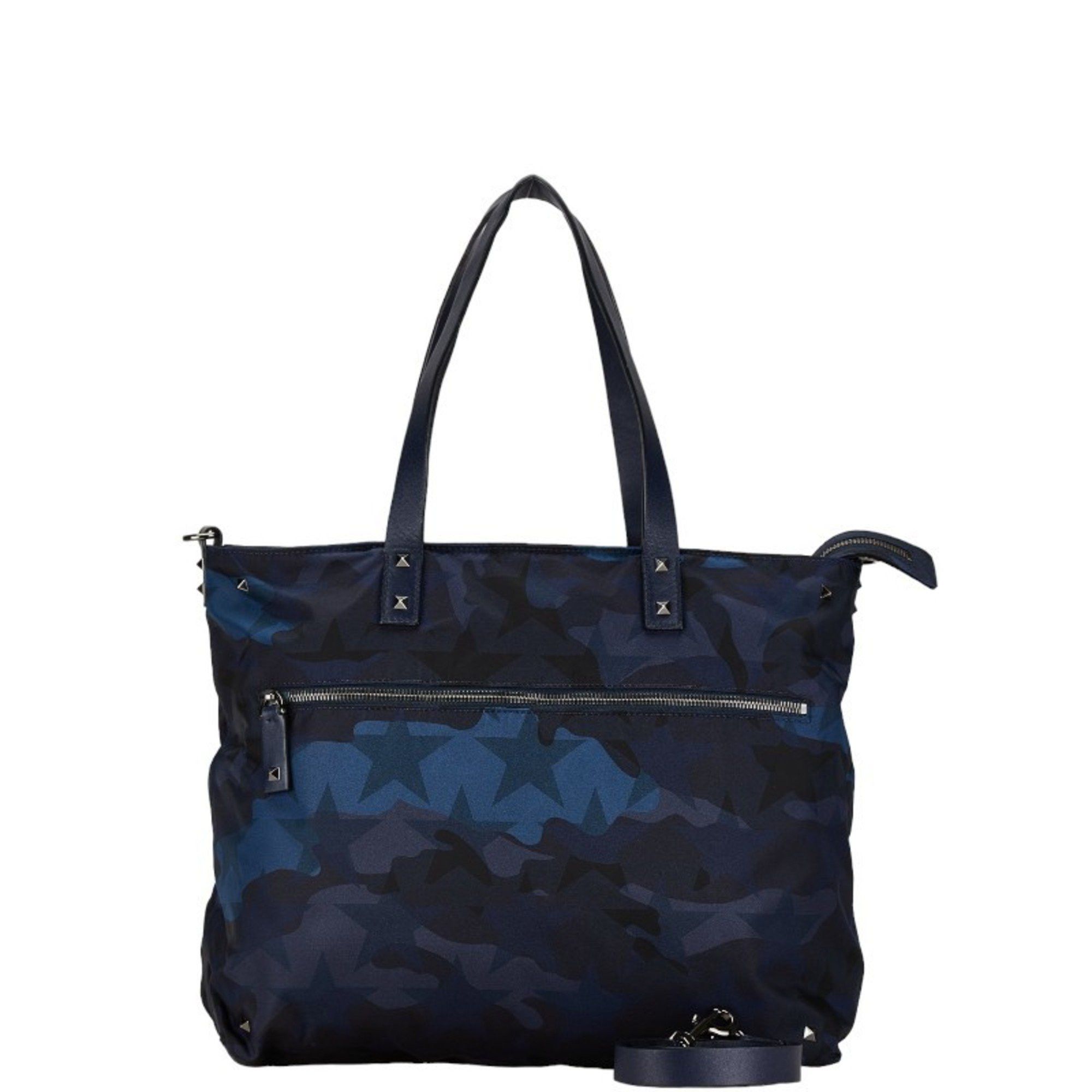 Valentino Valentino Studded Camouflage Motif Tote Bag Shoulder Navy Blue Multicolor Nylon Leather Women's Size ONE SIZE - 1 Thumbnail