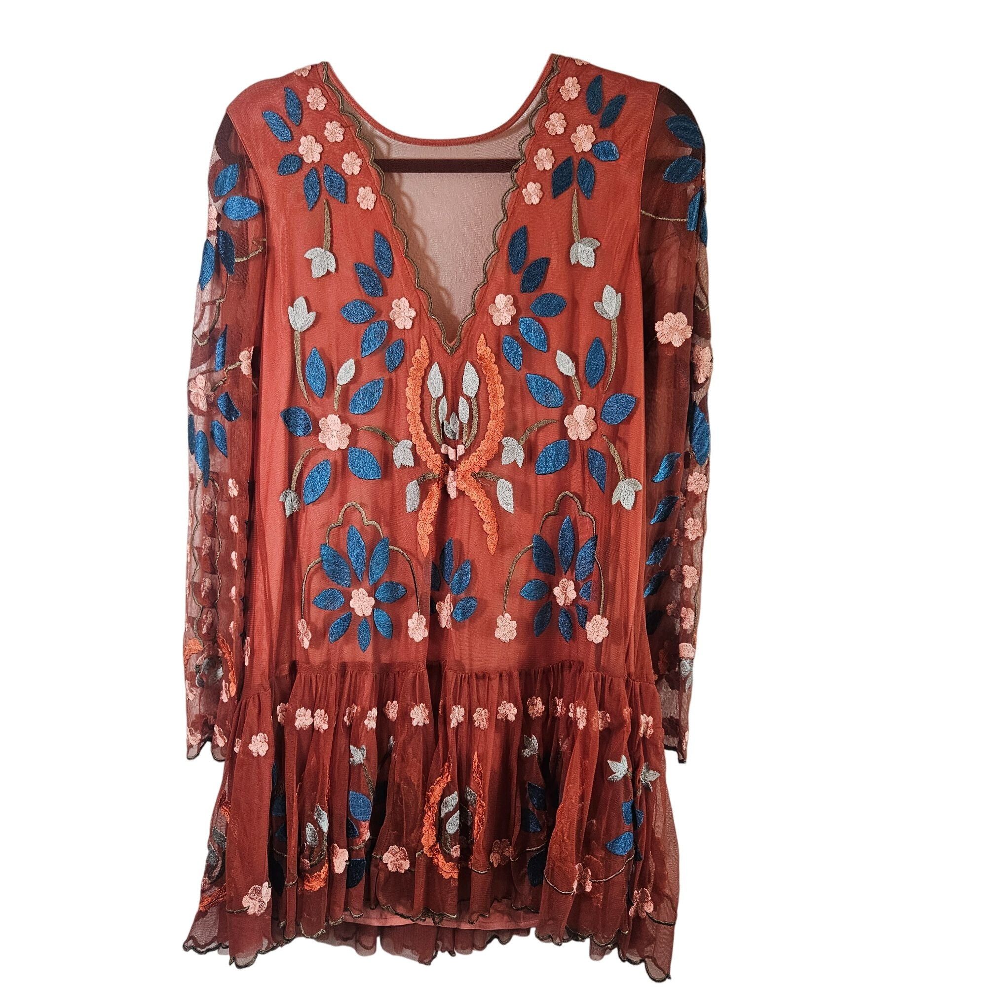 Free People Free People Embroidered Mesh Boho Fall Dress SM Rust Festiva Size S / US 4 / IT 40 - 3 Thumbnail